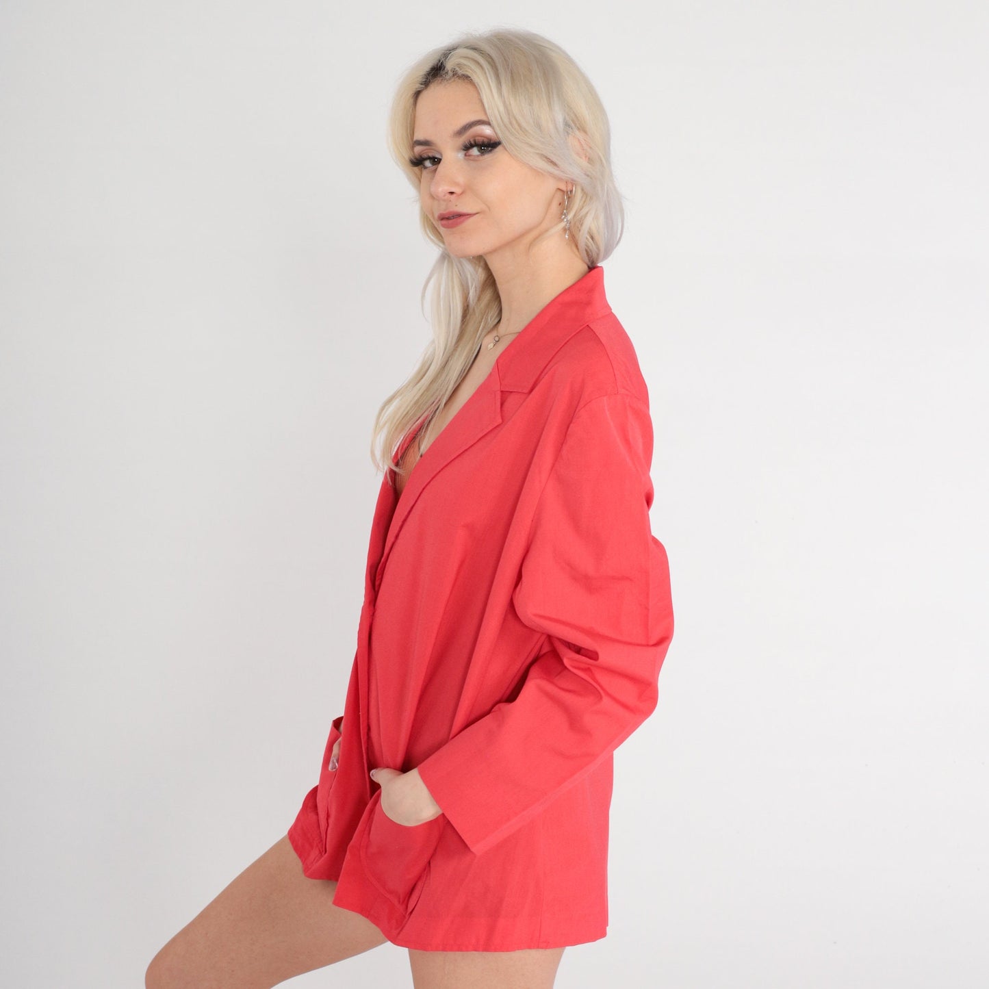 90s Coral Red Blazer Double Button Cotton Blend Jacket Medium