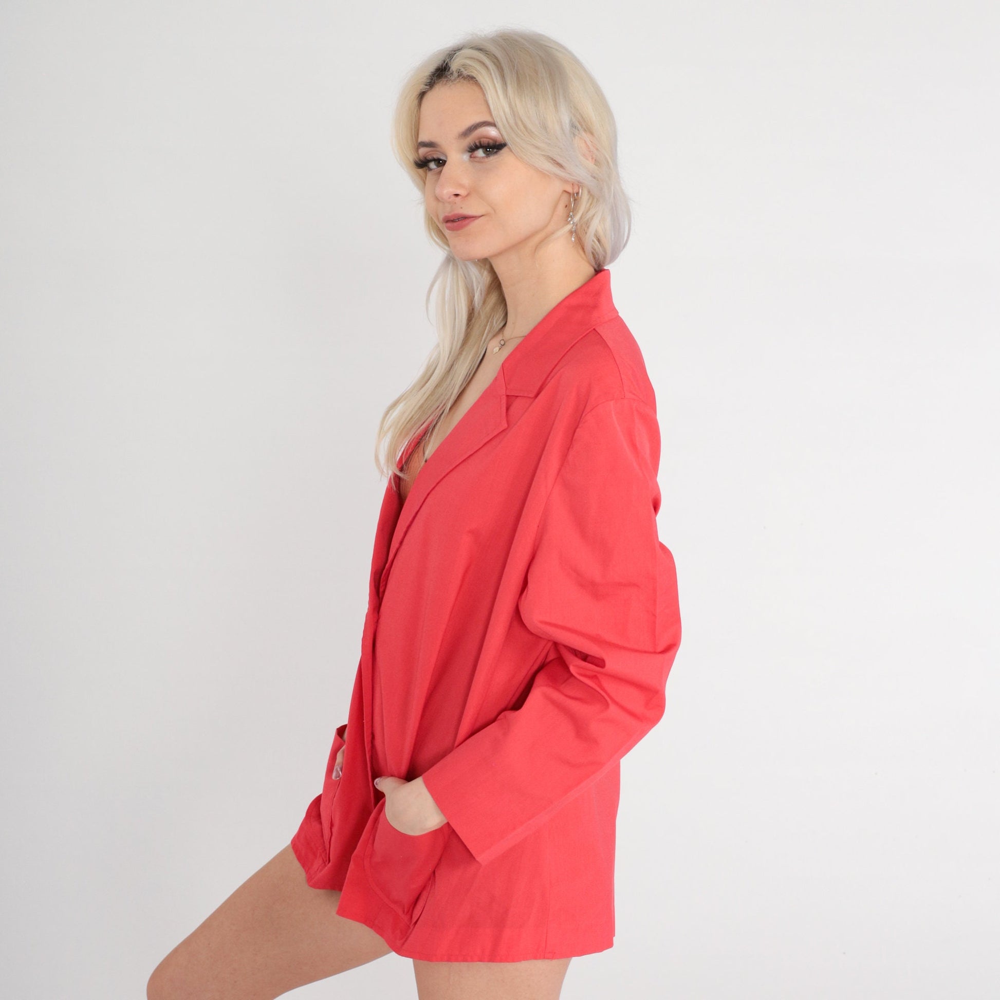 90s Coral Red Blazer Double Button Cotton Blend Jacket Medium