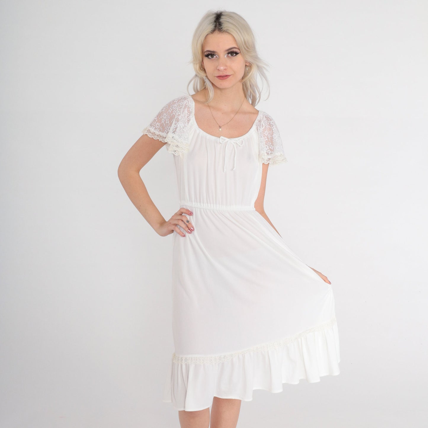 70s White Lace Flutter Sleeve Midi Dress High Waist Elastic Neckline Small Medium