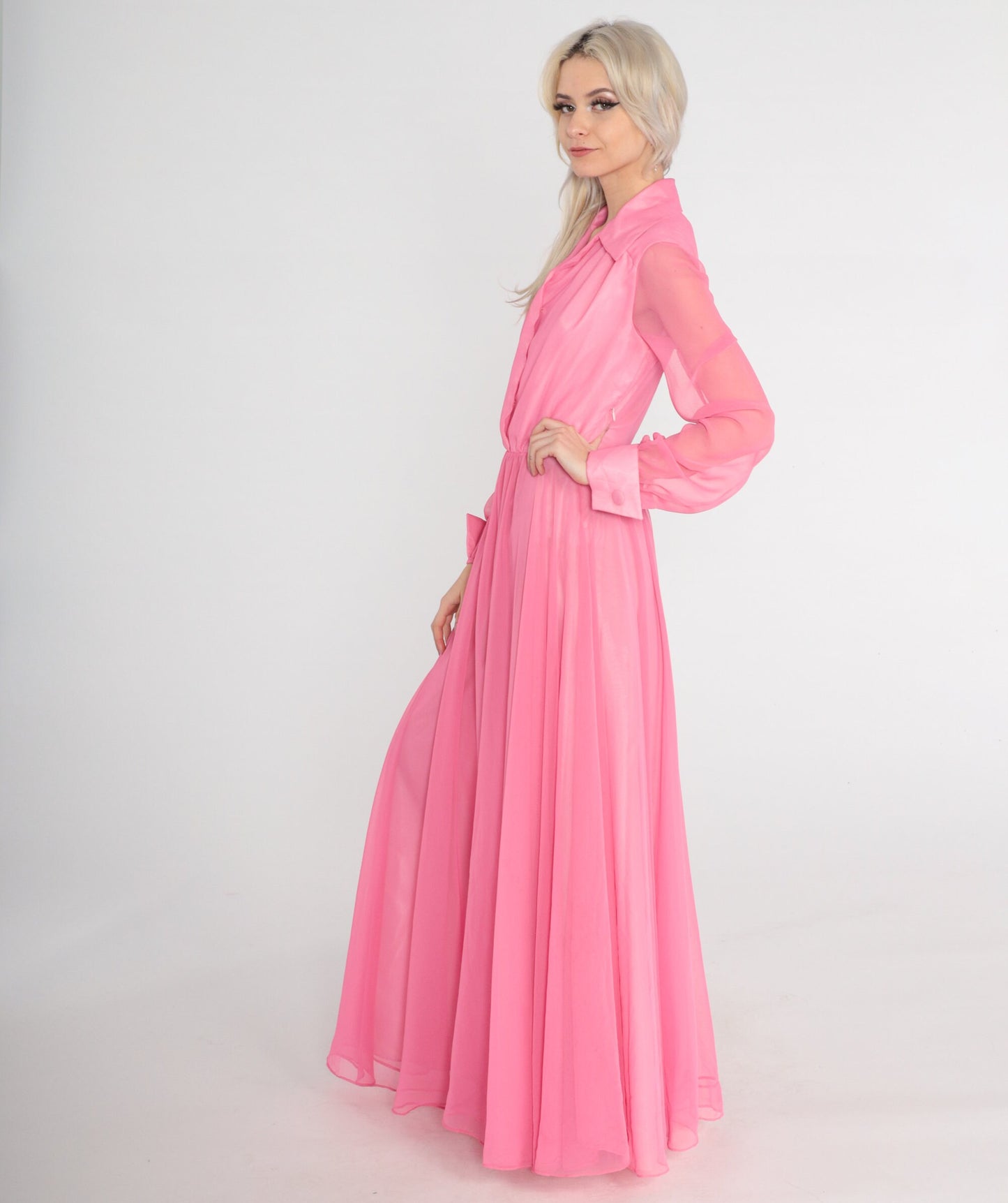 1970s Pink Chiffon Maxi Dress High Waist Button Front Long Sleeve Small