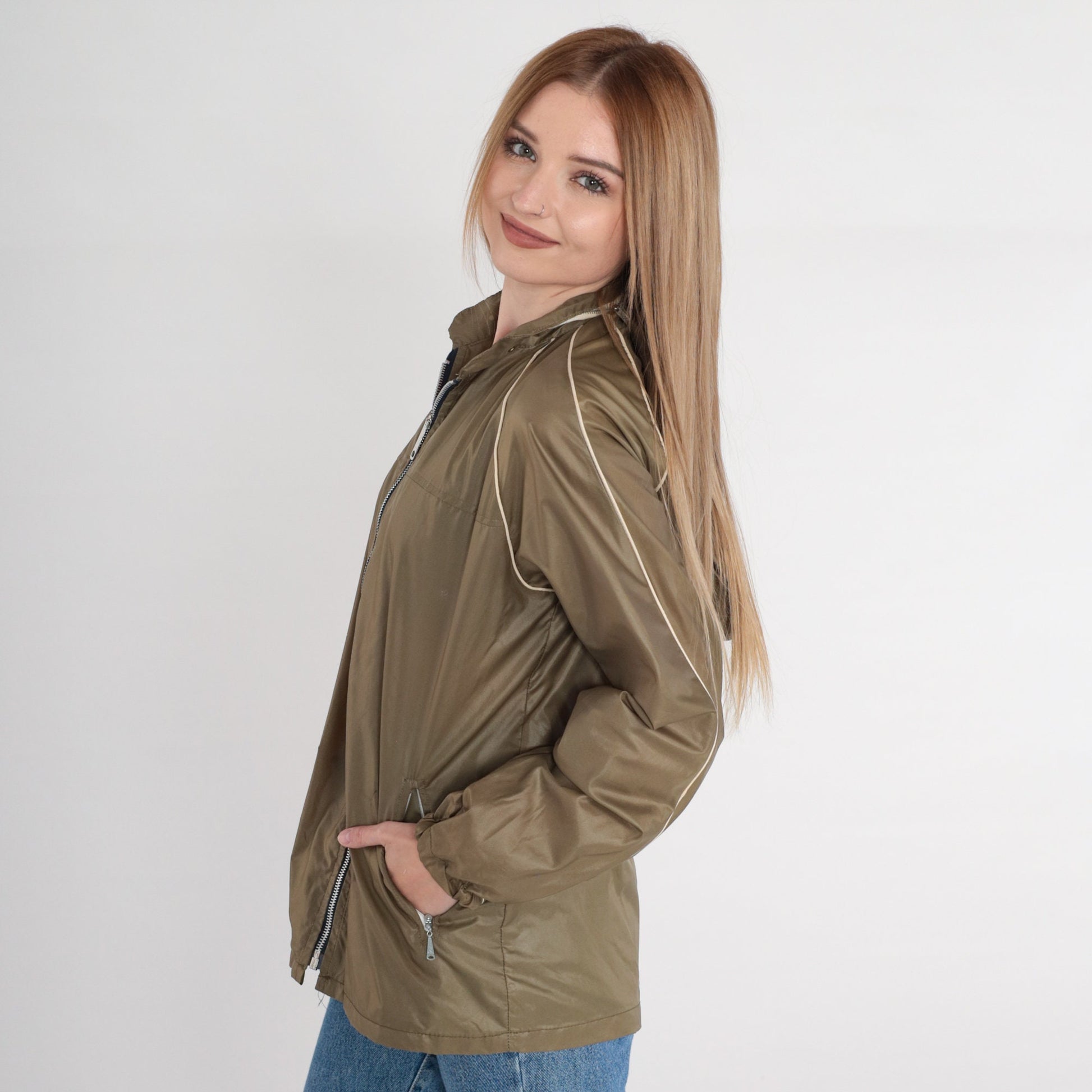 70s Olive Brown Nylon Windbreaker Jacket Zip Hood Large L