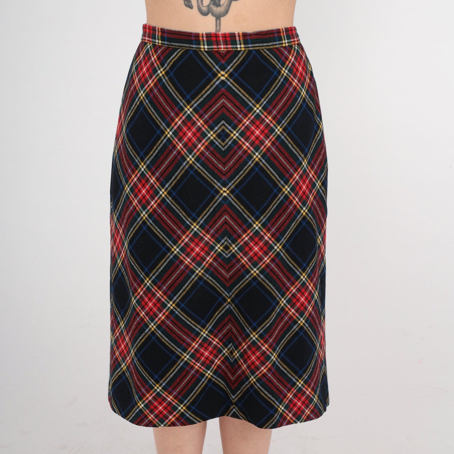 70s Wool Plaid Midi Skirt High Waist Black Red Tartan Small S