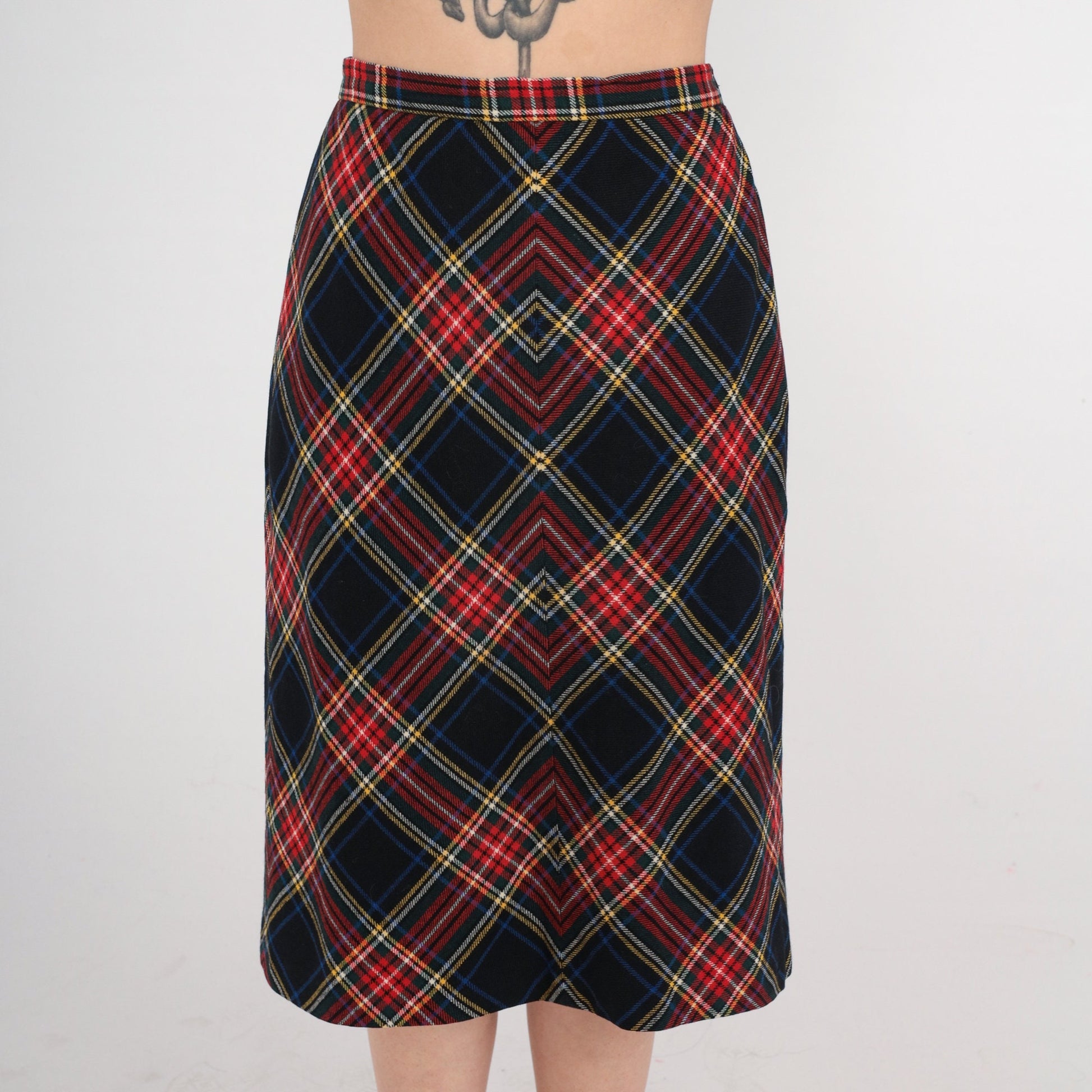 70s Wool Plaid Midi Skirt High Waist Black Red Tartan Small S