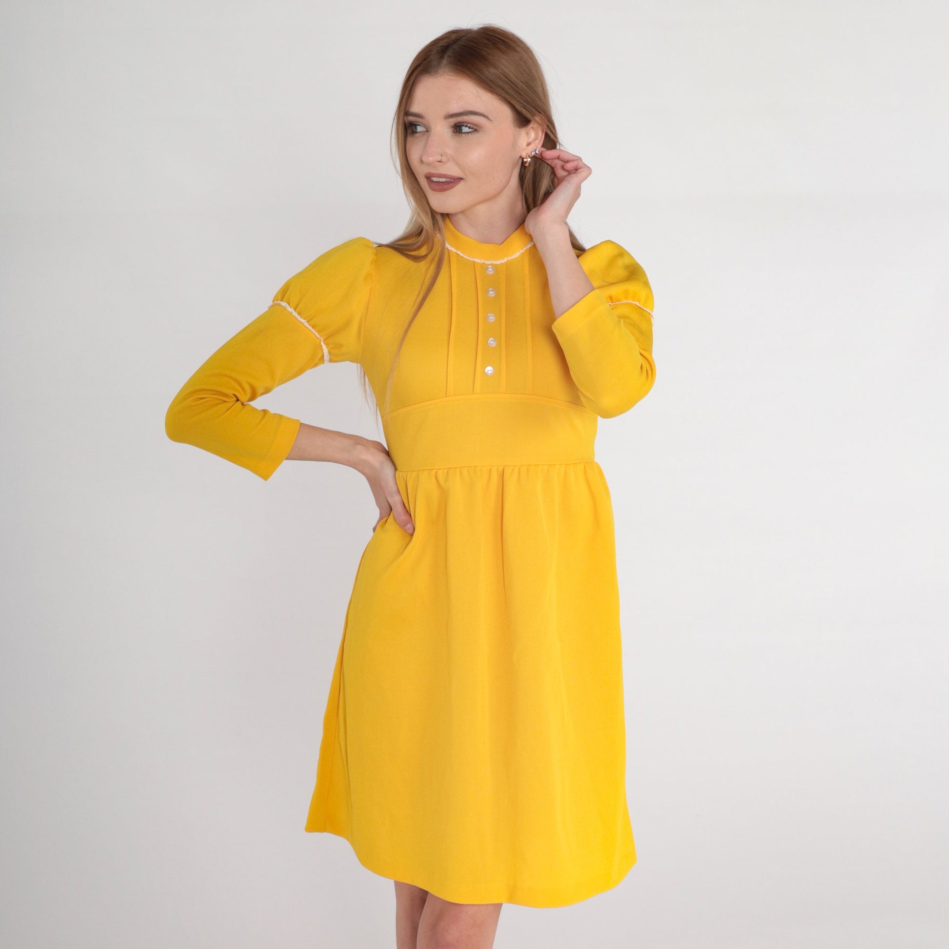 70s Yellow Babydoll Mini Dress Puff Sleeve Empire Waist XXS