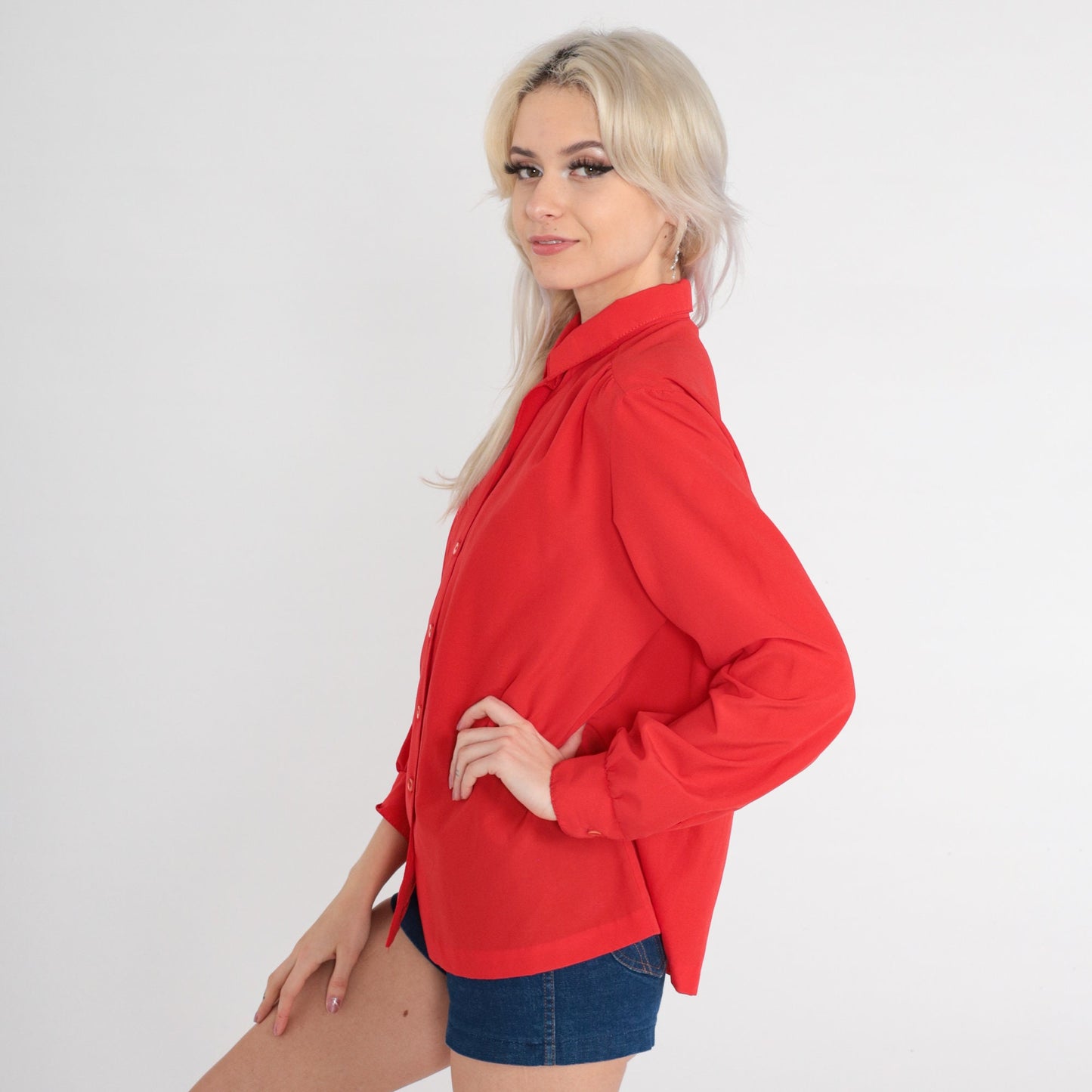 80s Red Button-Up Blouse Long Sleeve Collared Shirt Large L