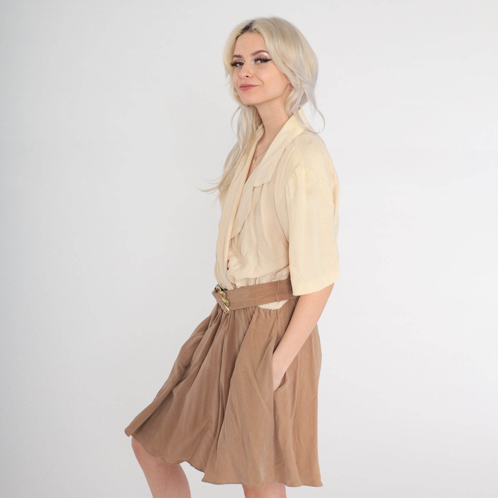 80s Wrap Dress Cream Brown Mini V-Neck High-Waisted Pockets Belt Large L