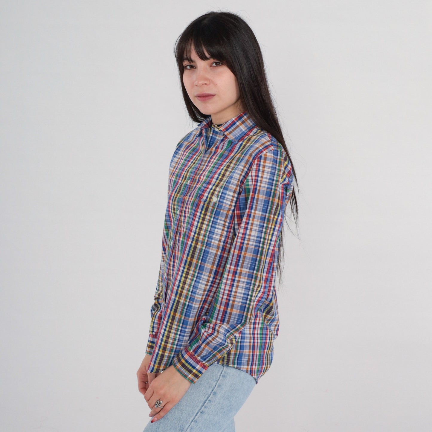 90s Blue Plaid Button Up Blouse Long Sleeve Cotton Blend Small S