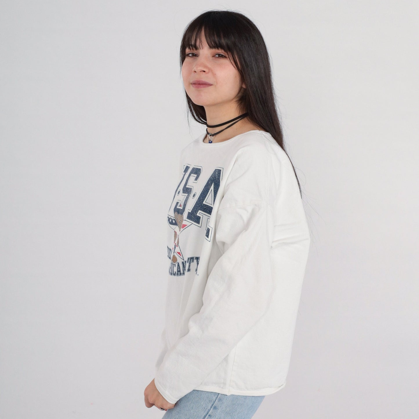 90s Teddy Bear USA Graphic Sweatshirt Cotton Crewneck White Medium Large