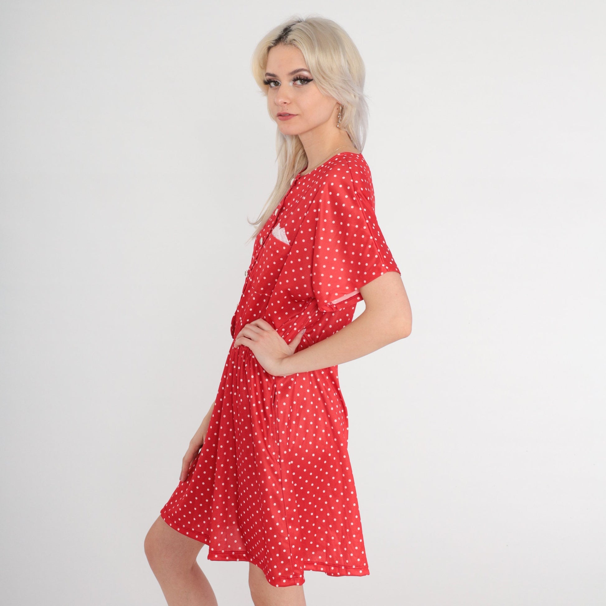 80s Red Polka Dot Button-Up Mini Dress High Waist Shirtdress Large