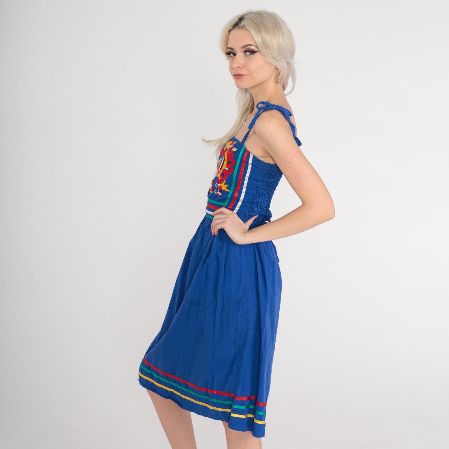 70s Mexican Embroidered Peacock Midi Dress Blue Cotton Smocked Small