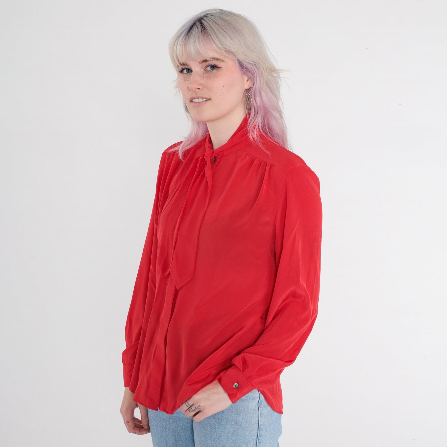 80s Red Ascot Bow Blouse Long Sleeve Button-Up Secretary Shirt Medium 8