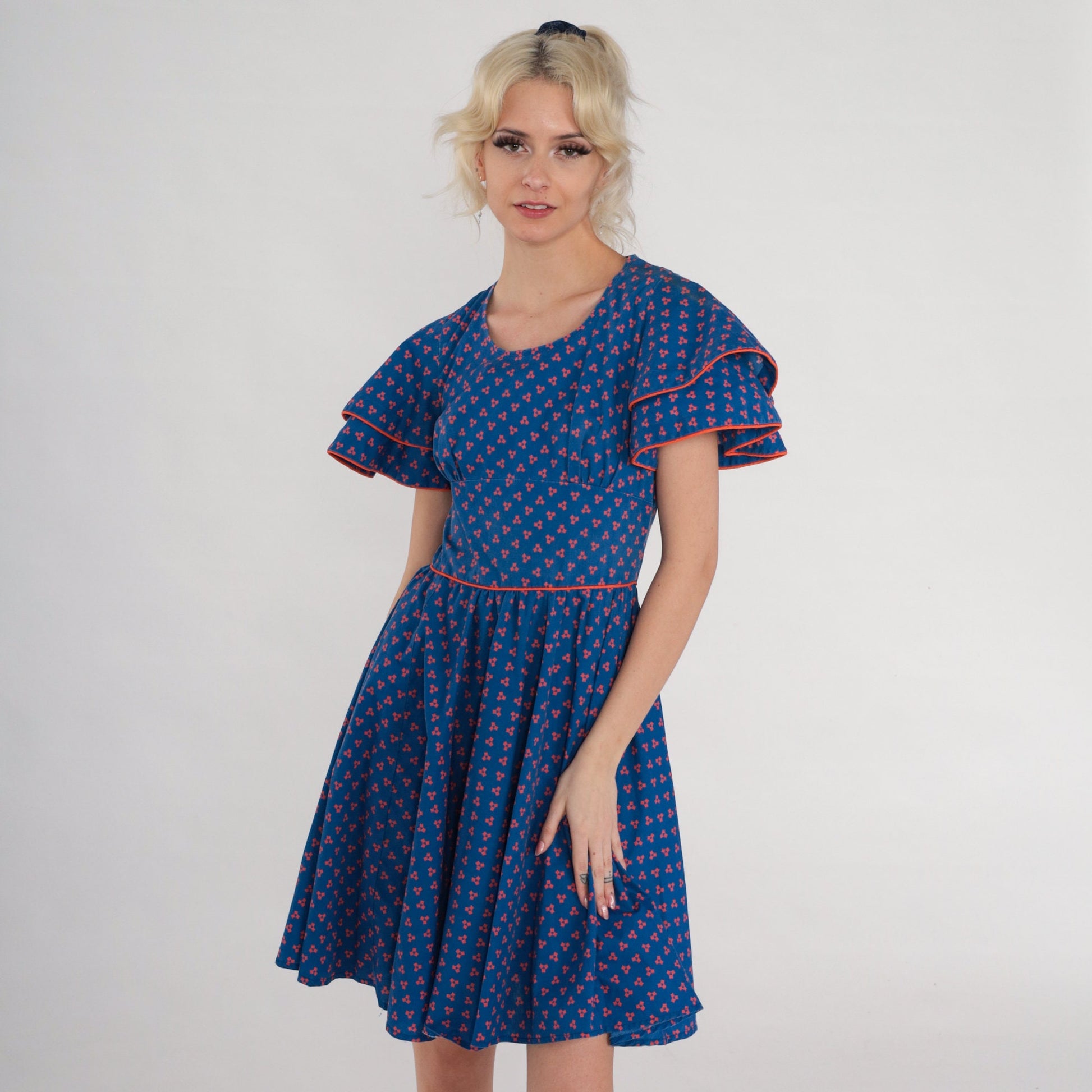 60s Blue Square Dot Mini Dress Flutter Sleeve High Waist Full Skirt Extra Small