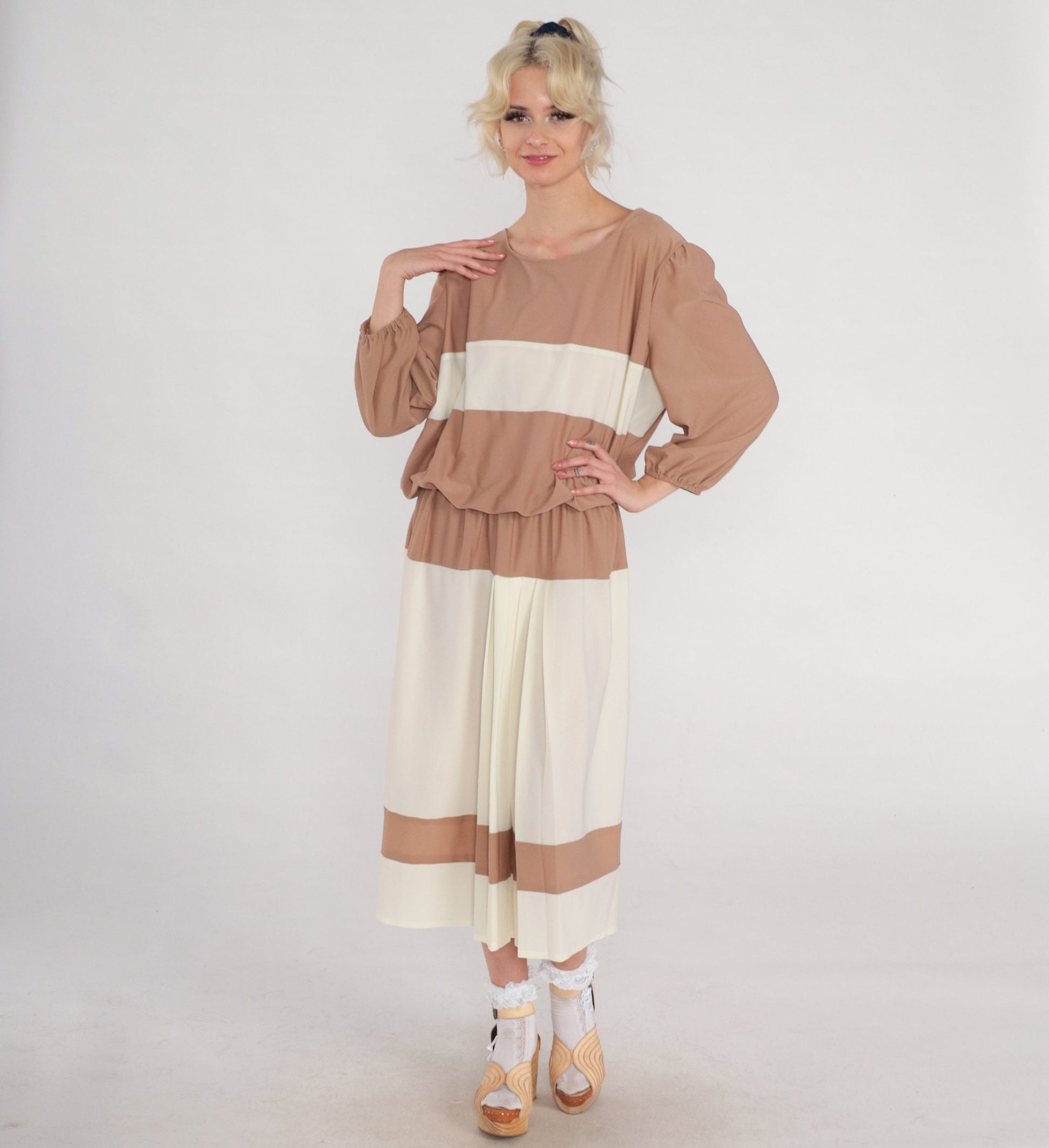 70s Striped Blouson Midi Dress Brown White Pleated Long Sleeve XXL