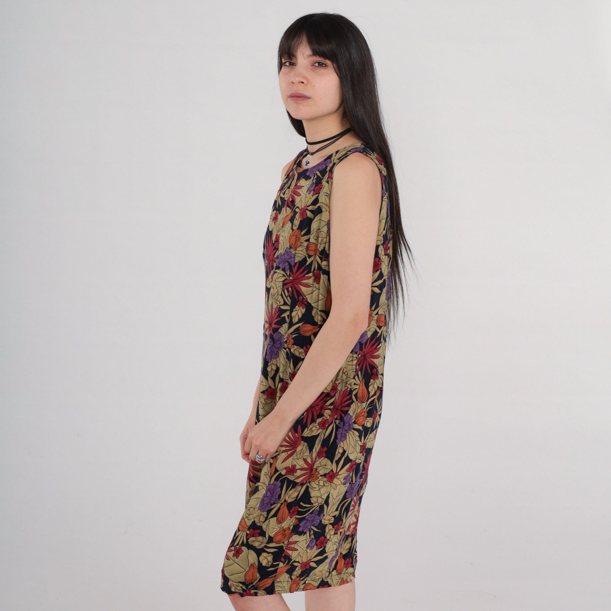 00s Tropical Floral Rayon Sheath Dress Sleeveless Knee-Length Medium