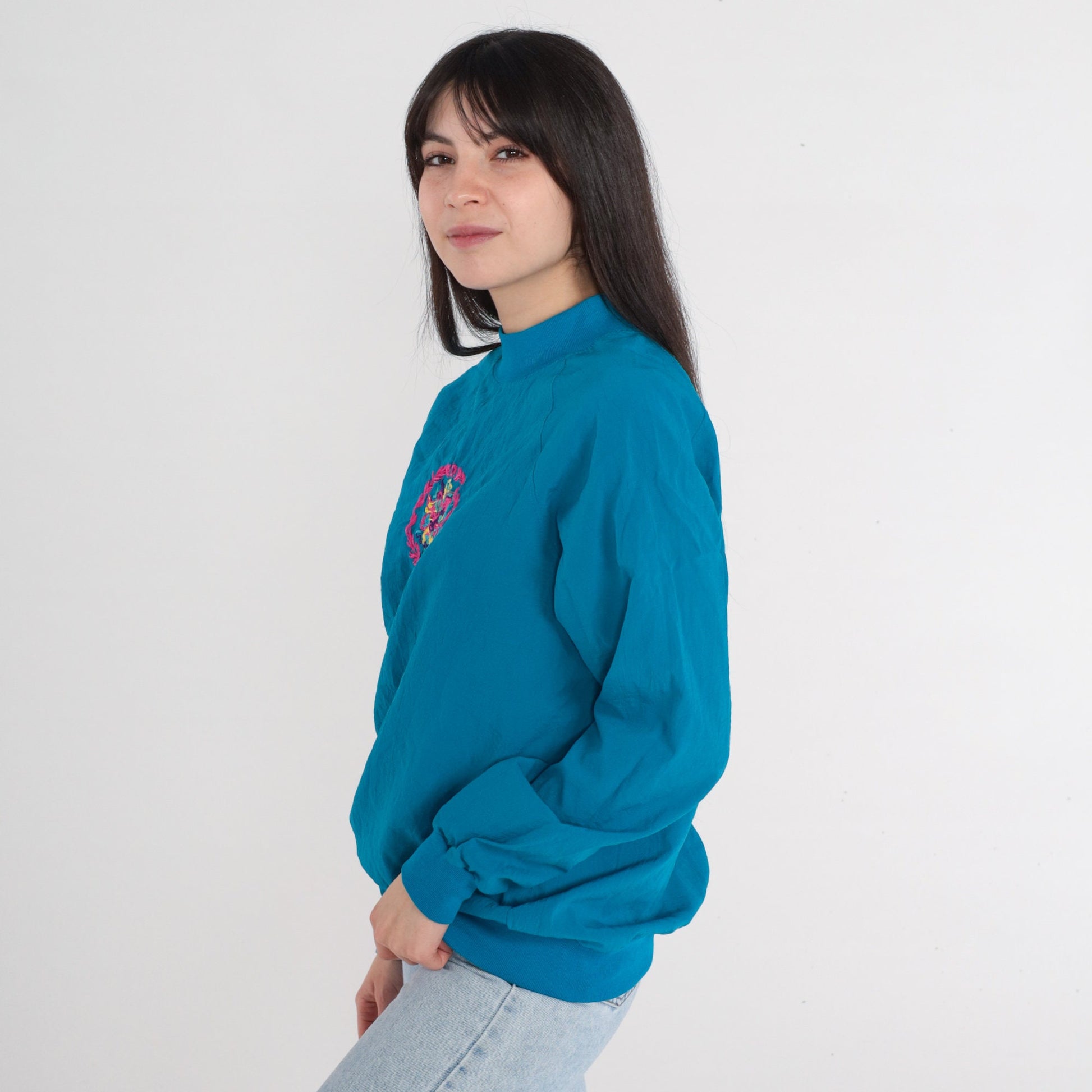 90s Blue Floral Embroidered Mockneck Sweatshirt Raglan Pullover Medium M