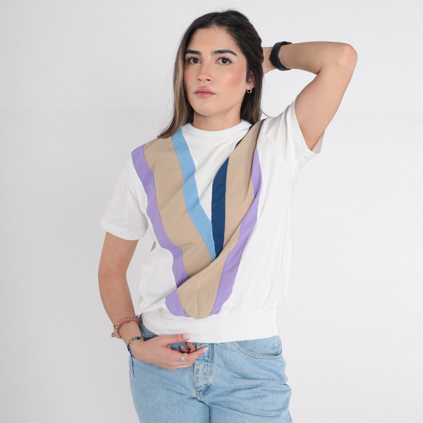 80s Chevron Striped T-Shirt White Blue Purple Banded Hem Small Medium