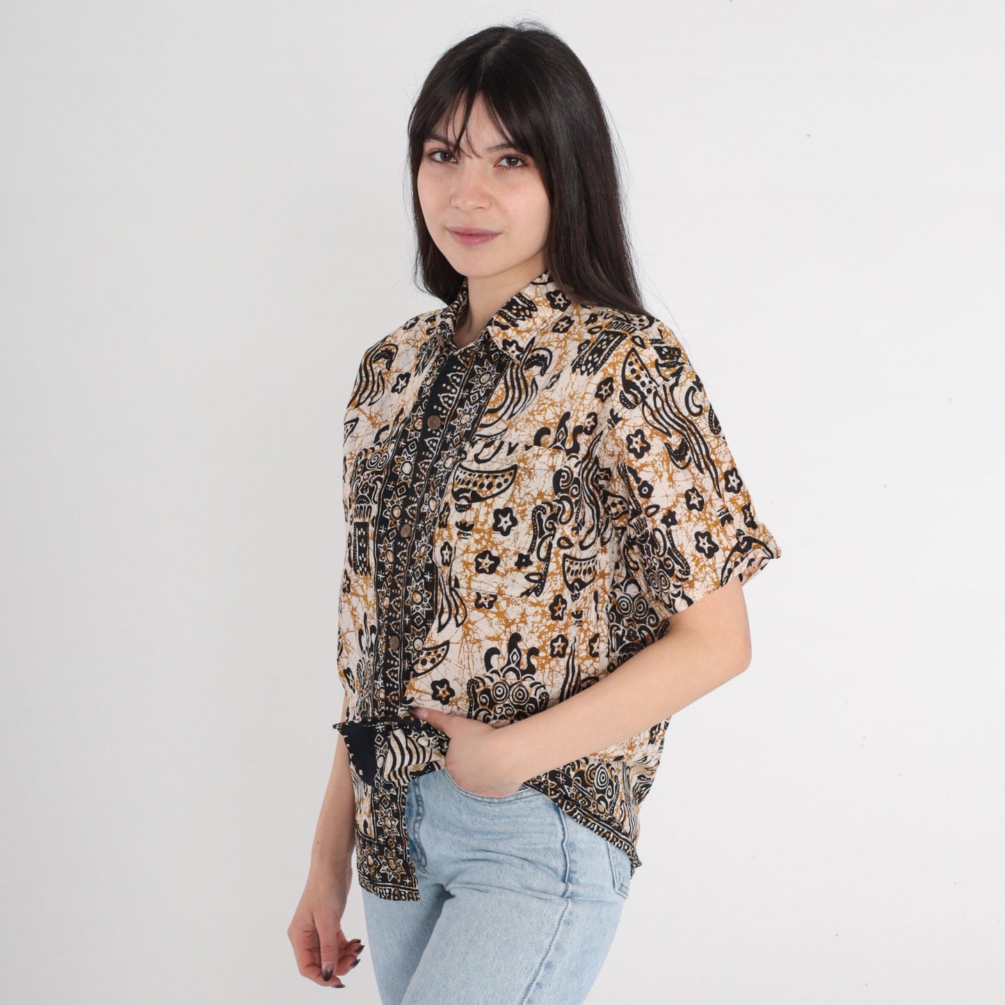 Y2K Indonesian Batik Button Up Blouse Celestial Print Cotton Short Sleeve Medium M