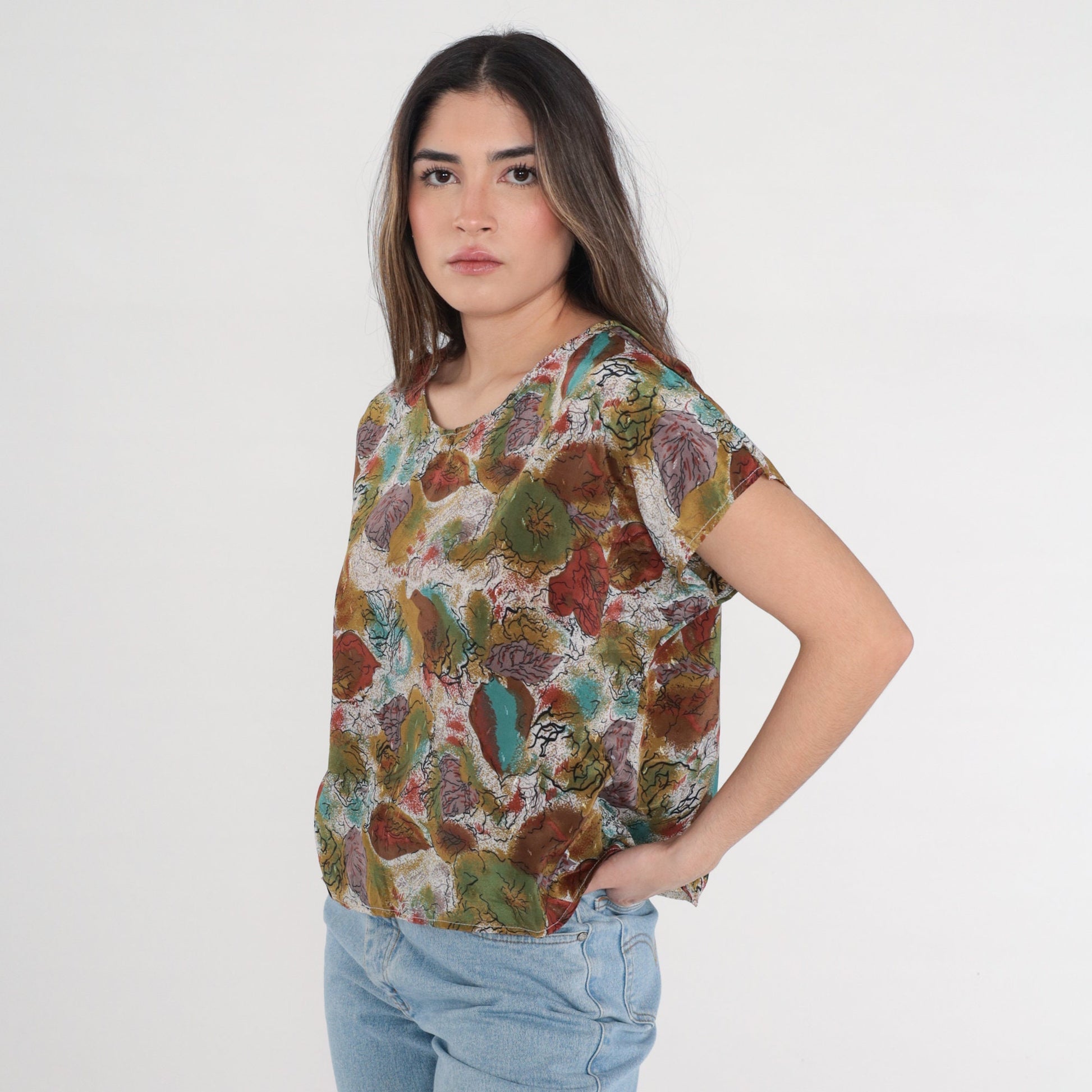 90s Abstract Floral Shirt Cap Sleeve Blouse Olive Green White Brown Medium Large