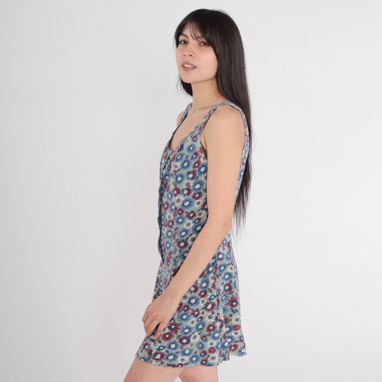 90s Floral Button-Up Romper Sleeveless Wide Leg Blue Red Daisy Small