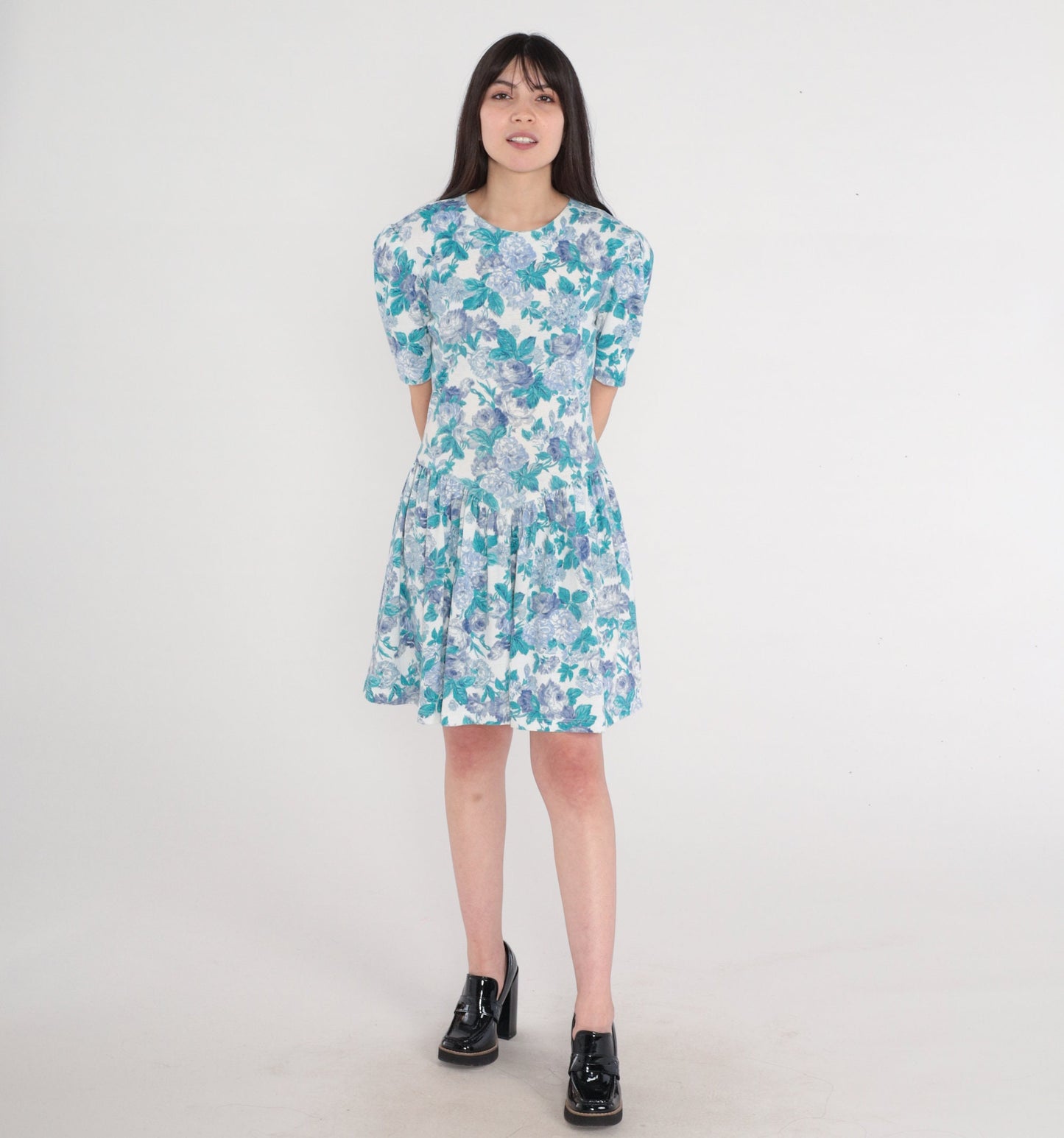 80s Floral Mini Dress Puff Sleeve White Rose Print Basque Waist Small