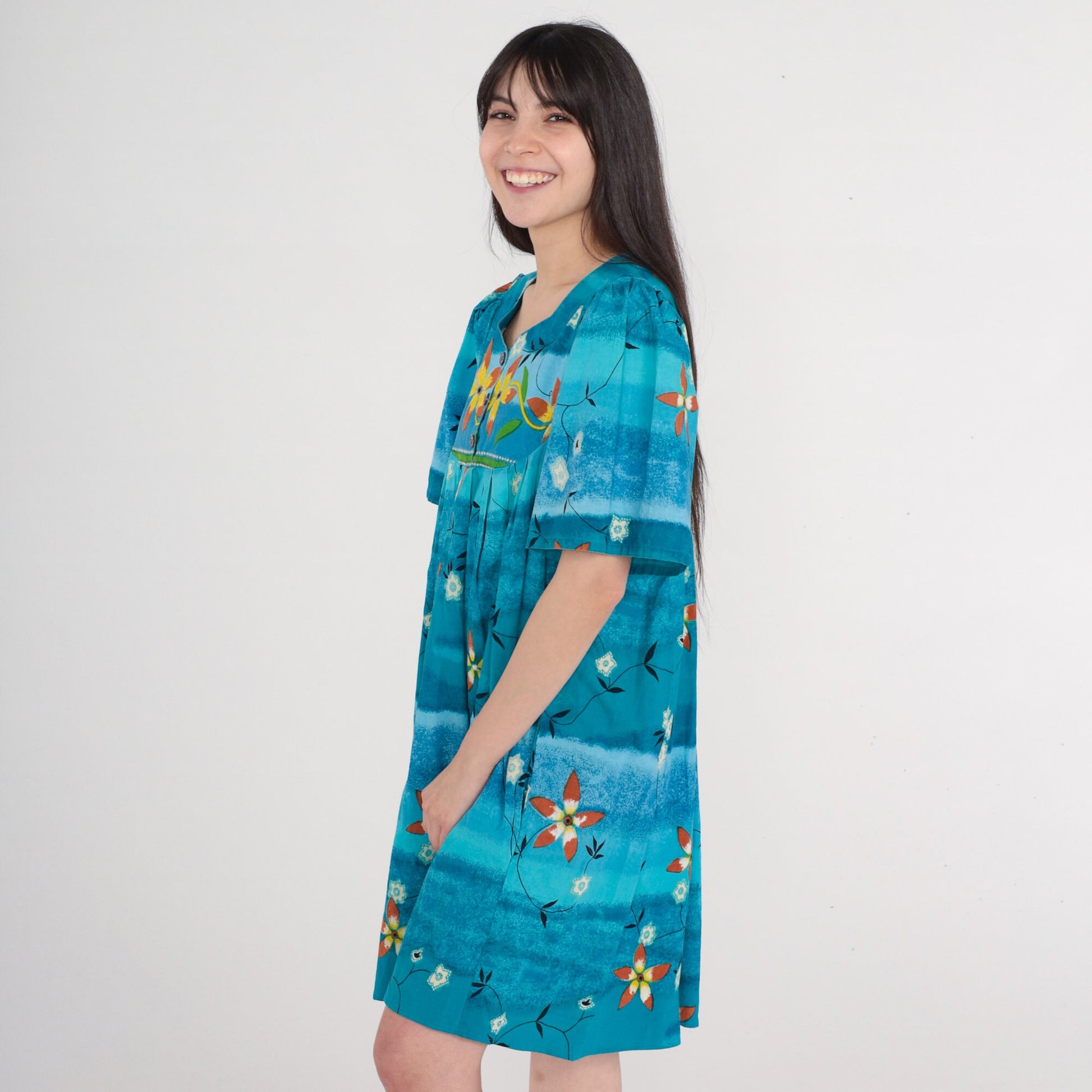 80s Tie Dye Floral Mini Dress Blue Tropical Cotton Tent Cut Pockets Small
