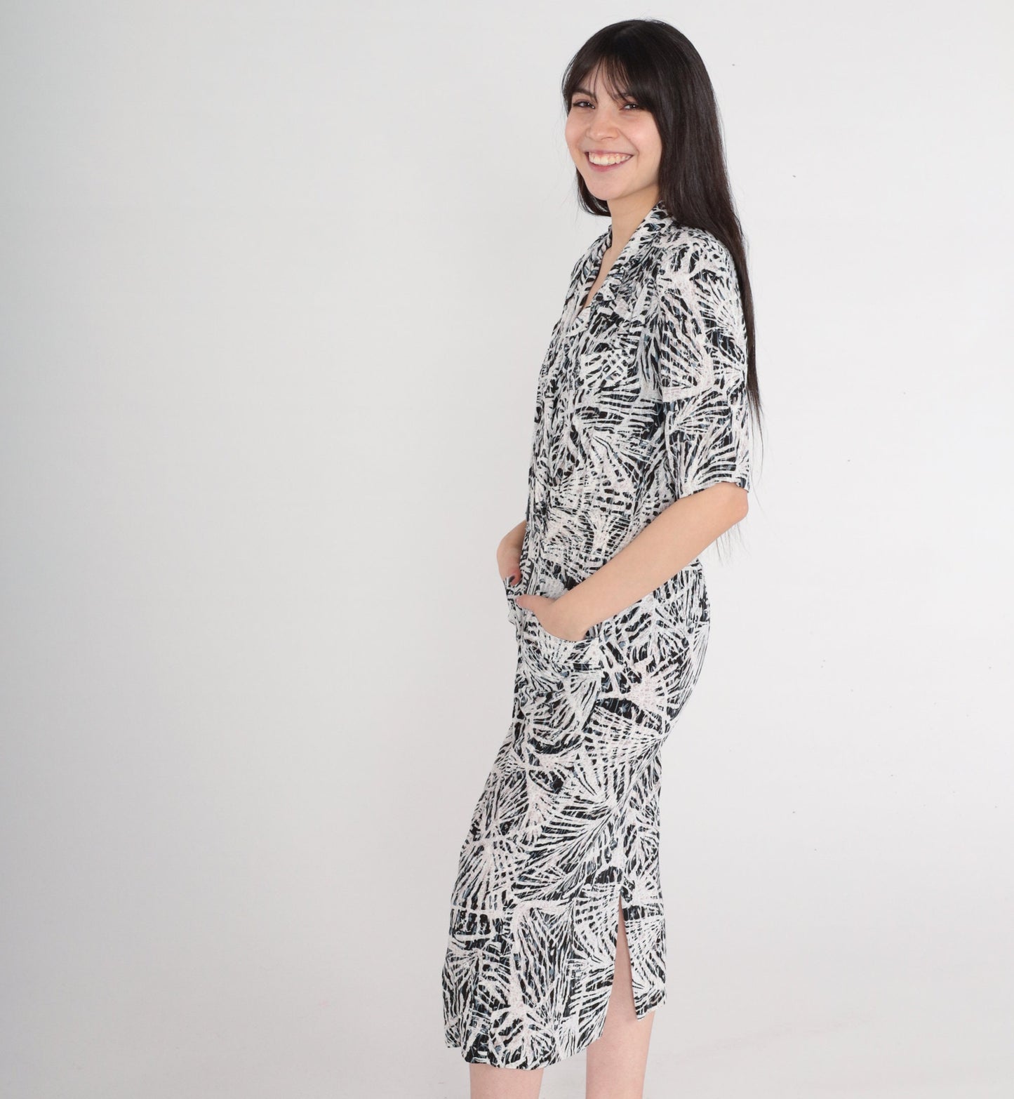 90s Abstract Print Midi Wrap Dress Collared V-Neck Pockets Small