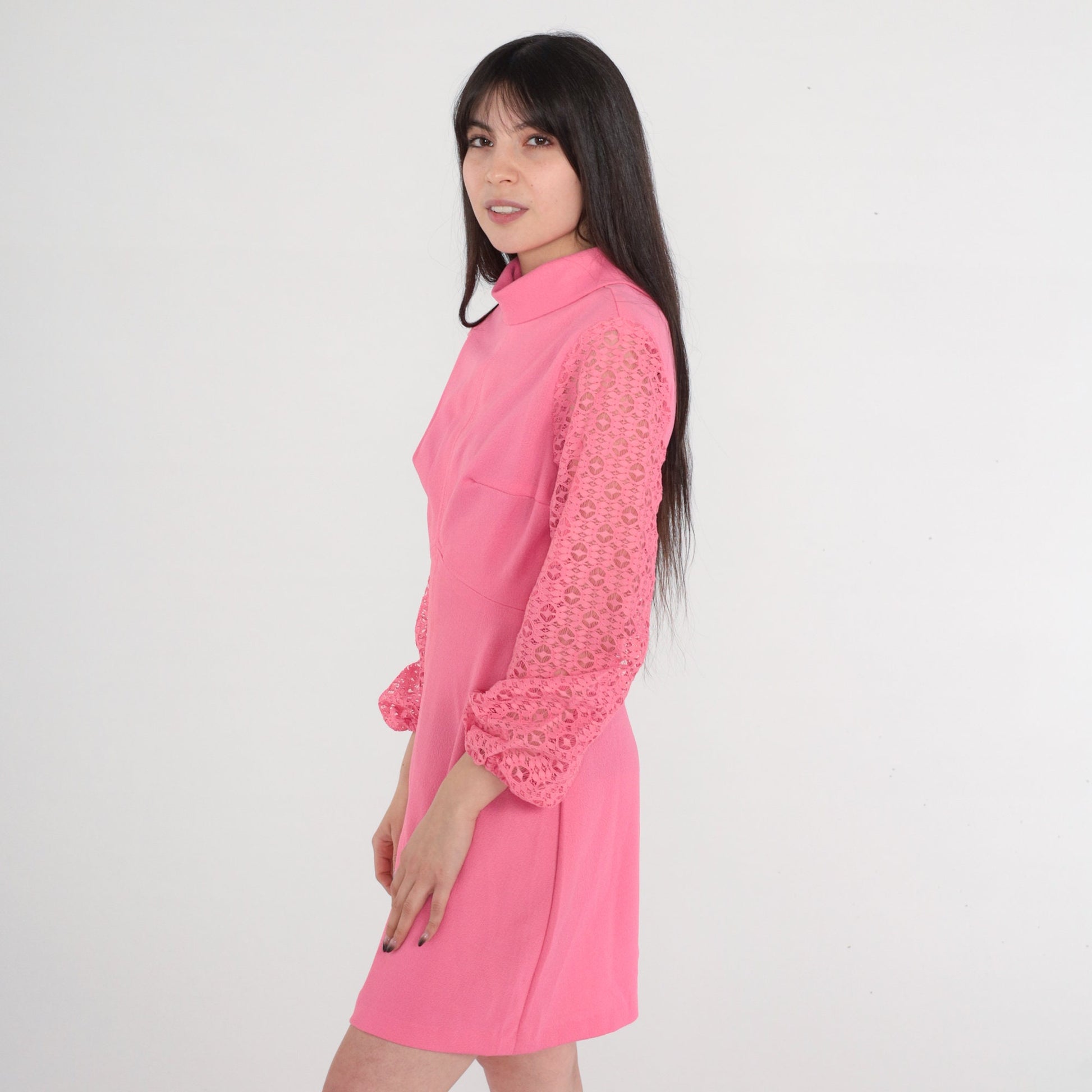 70s Pink Mini Dress Empire Waist Sheer Lace Sleeves Mock Neck Small