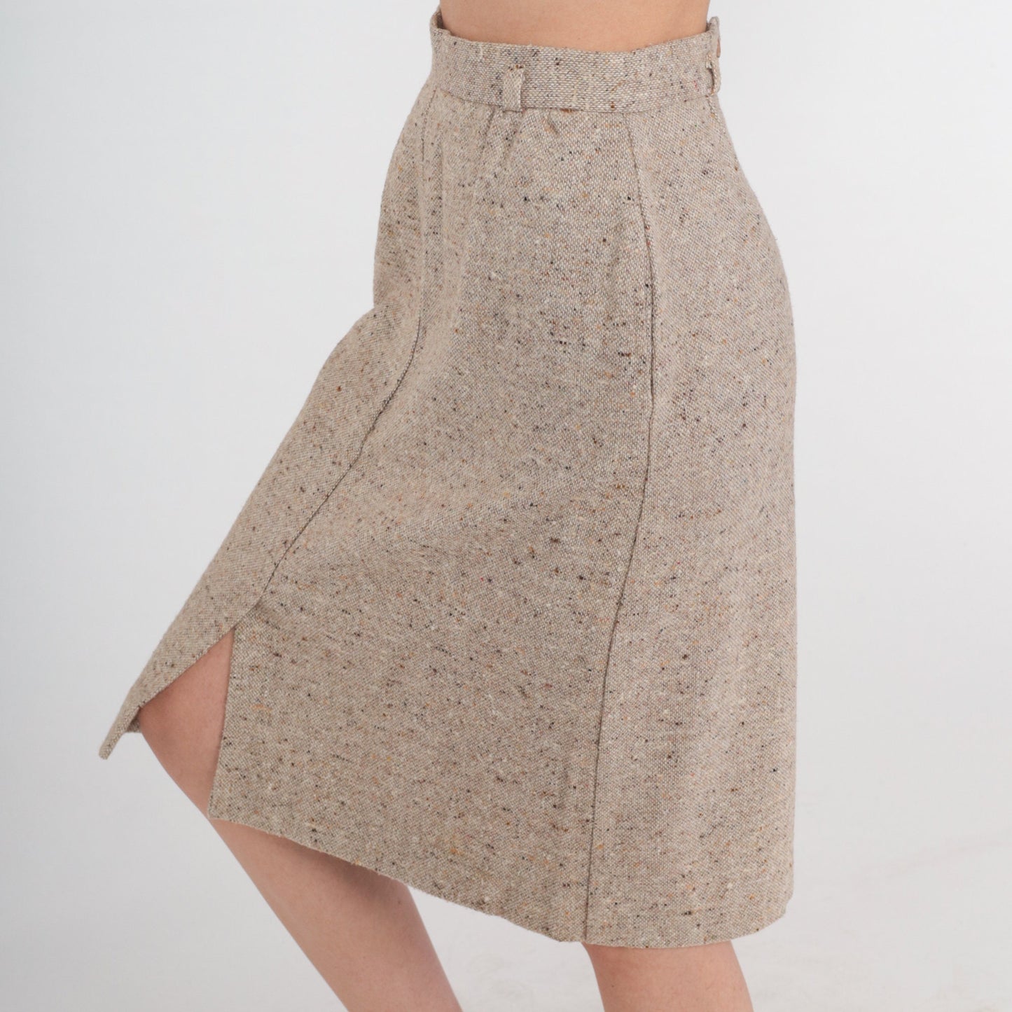 70s Wool Blend Pencil Skirt Tan High Waist Midi Front Slit Small