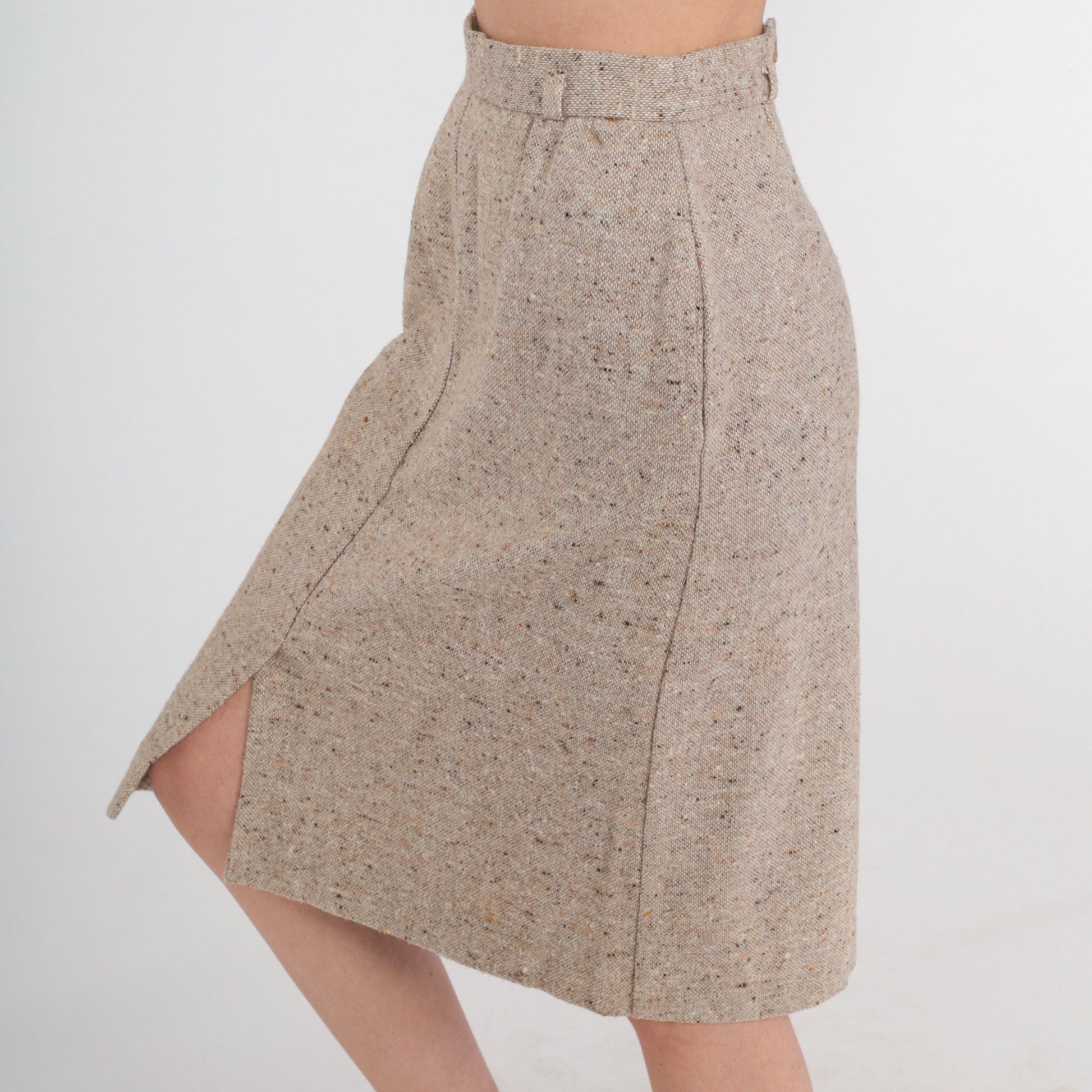 70s Wool Blend Pencil Skirt Tan High Waist Midi Front Slit Small