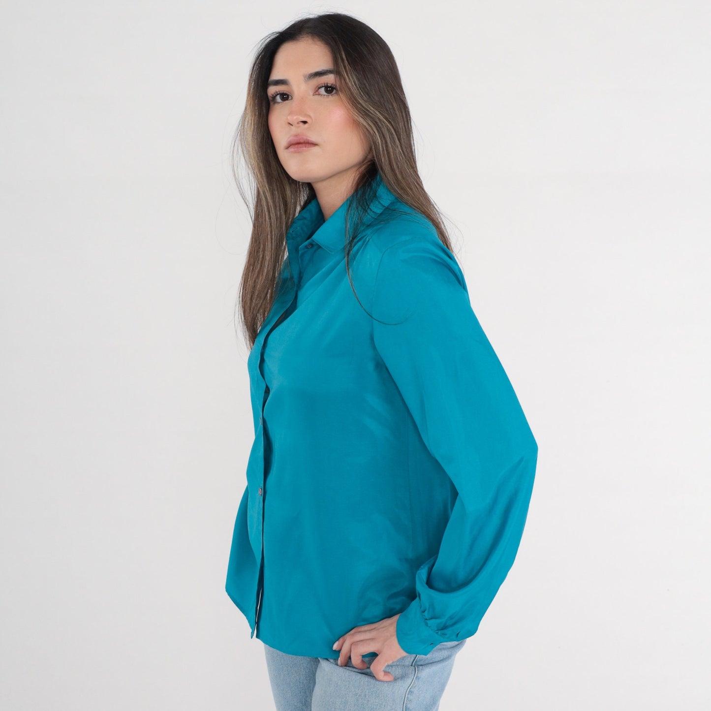 80s Lady Manhattan Blue Button-Up Blouse Shoulder Pleats Collared Long Sleeve Large