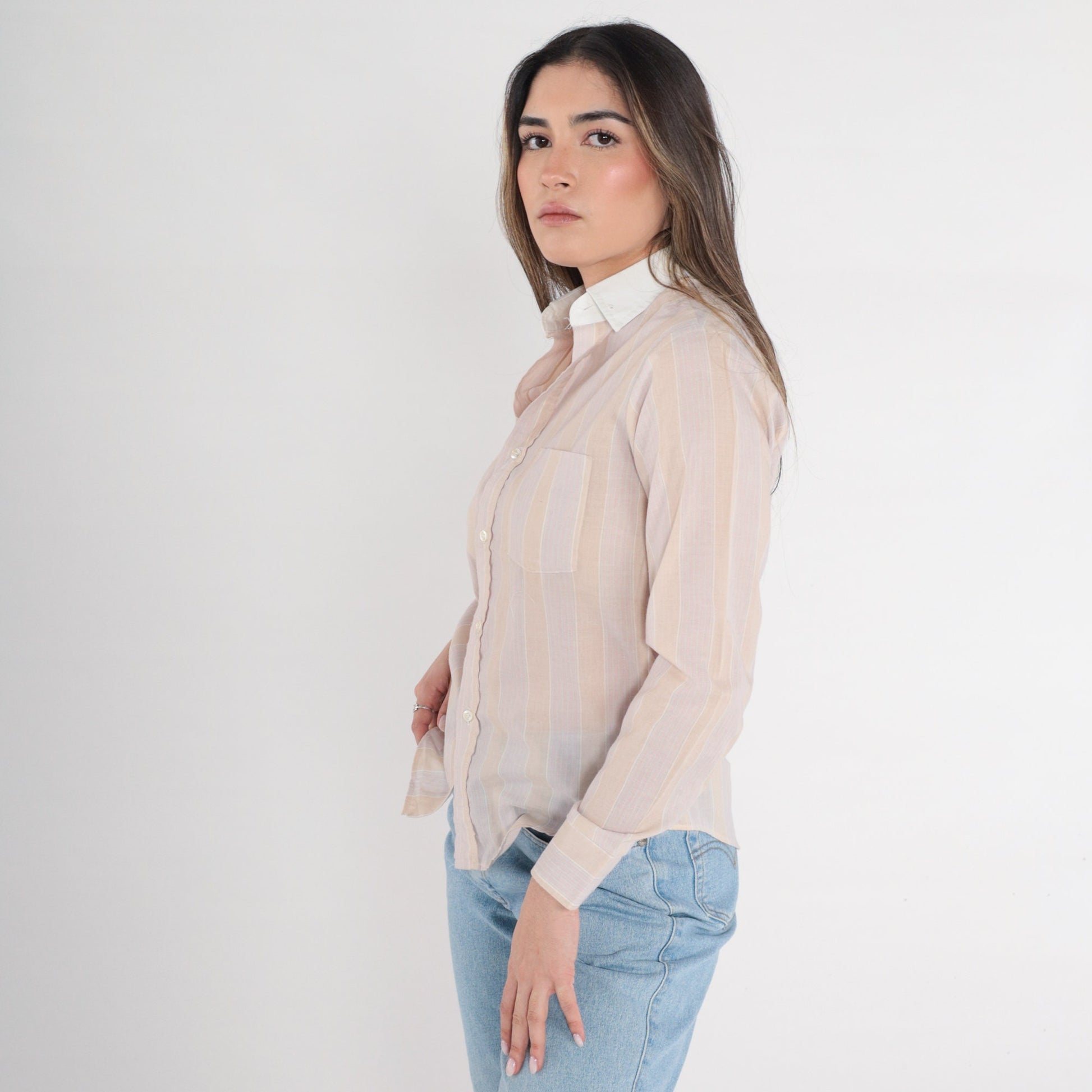 80s Striped Button-Up Shirt Tan Pink Long Sleeve Collared Extra Small