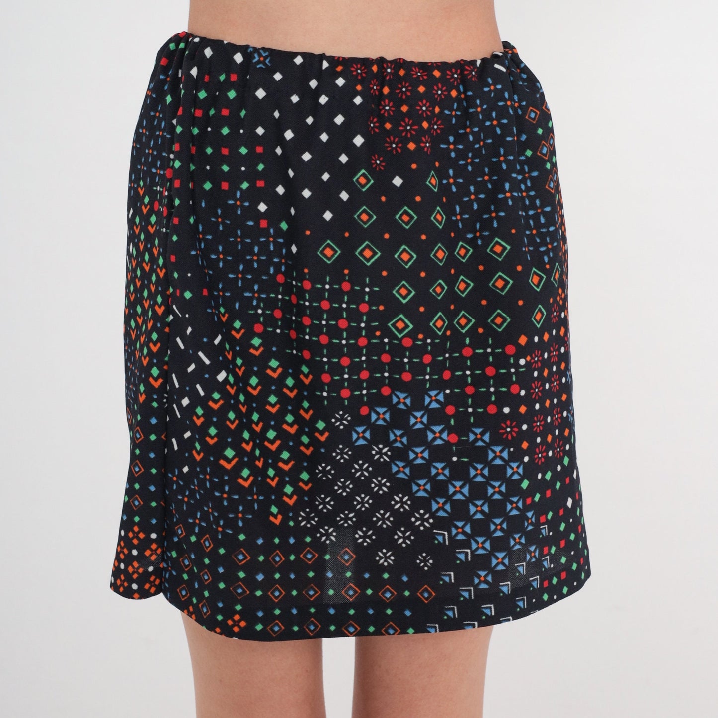 70s Black Geometric Mini Skirt High Waisted Multicolor Print Extra Small
