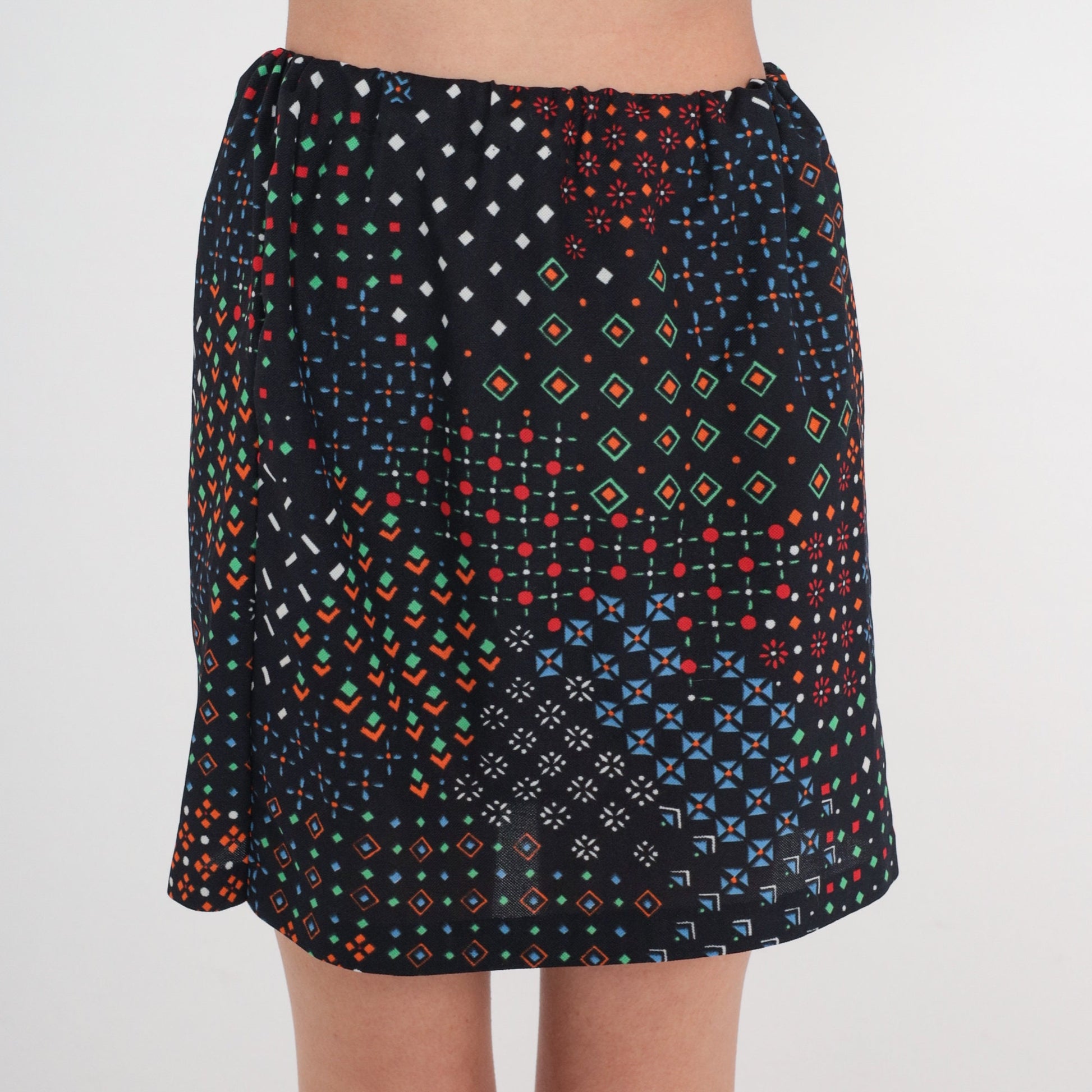 70s Black Geometric Mini Skirt High Waisted Multicolor Print Extra Small