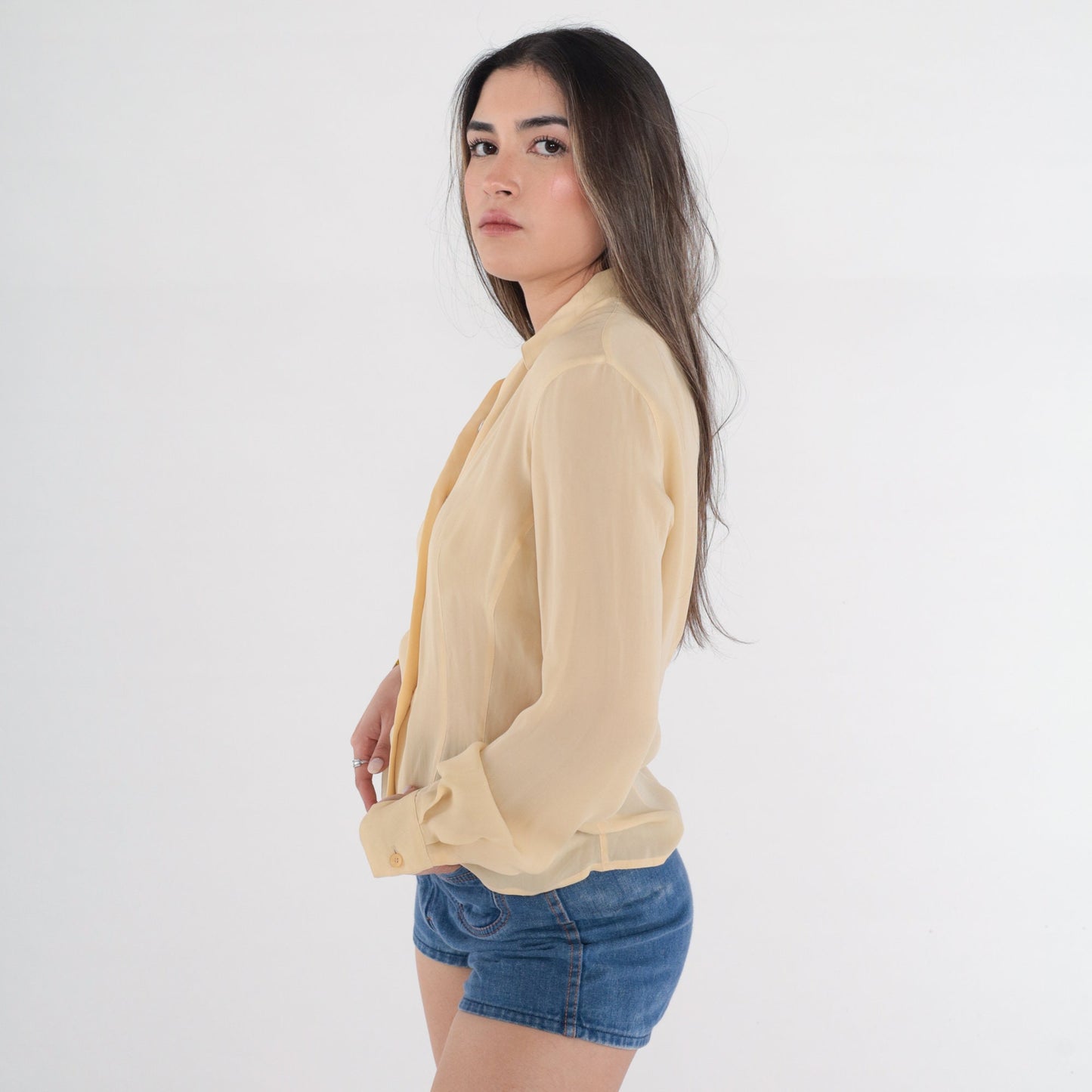 00s Pale Yellow Button-Up Blouse Balloon Sleeve Collared Shirt Medium M