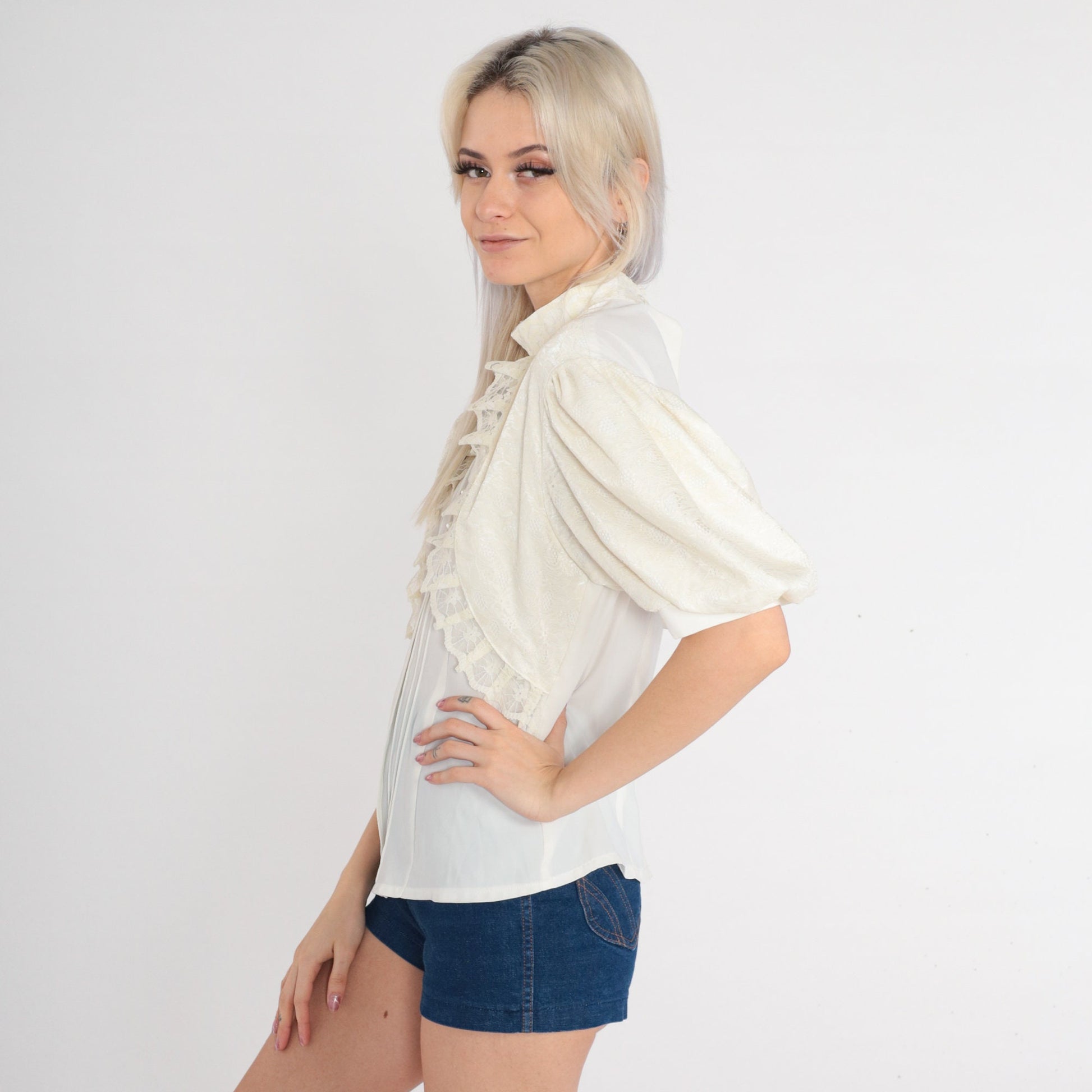 70s White Lace Blouse Puff Sleeve High Neck Pearl Button Shirt Small