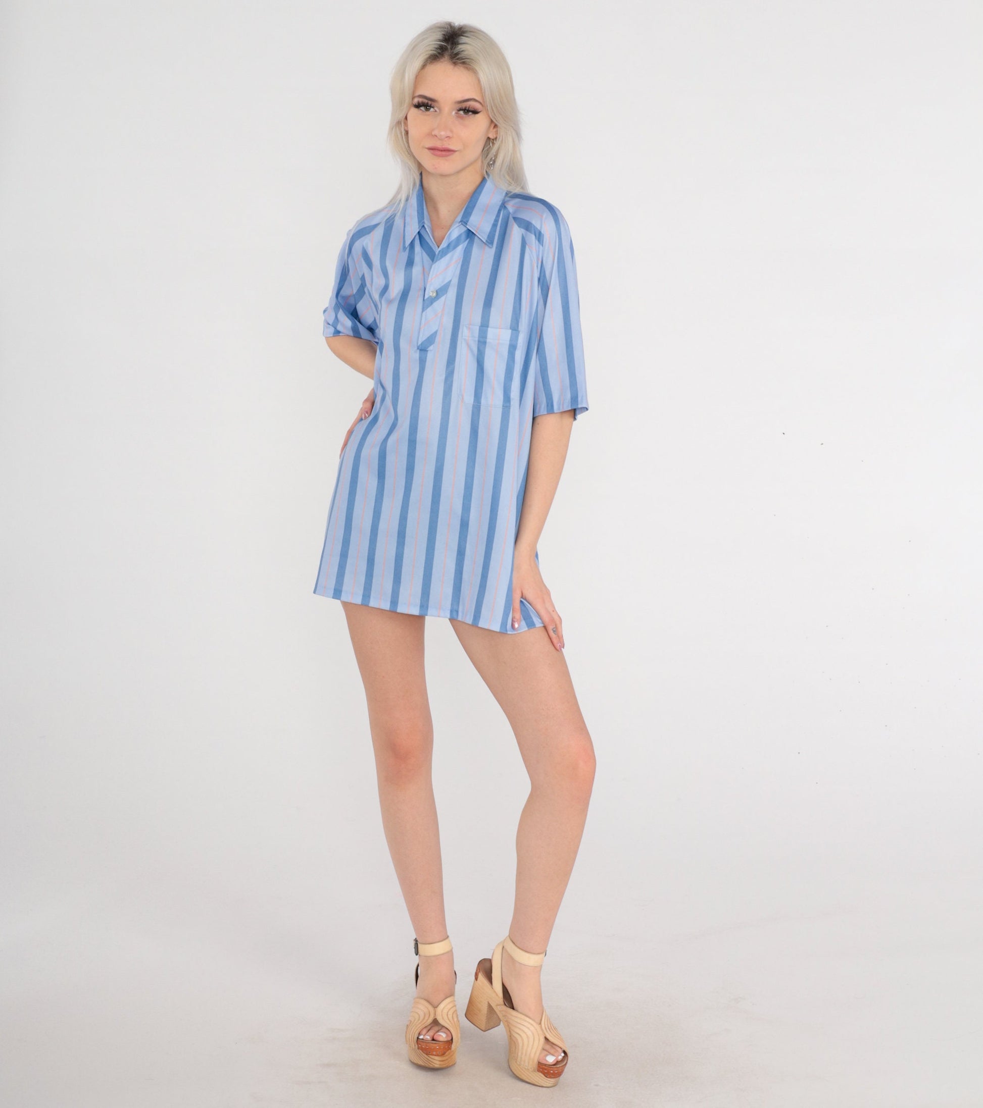70s Blue Striped Polo Shirt Half Button Collared Short Sleeve Men's Large
