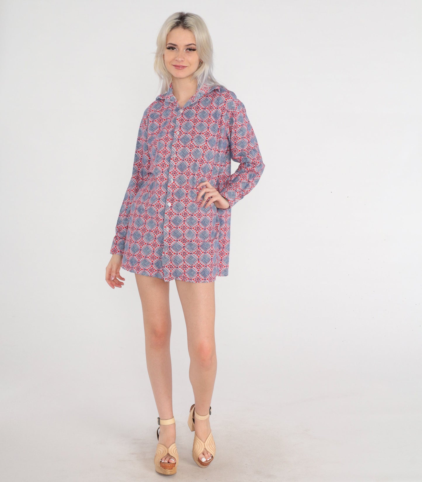 70s Lotus Button Up Shirt Red Blue Geometric Tile Print Long Sleeve Extra Large