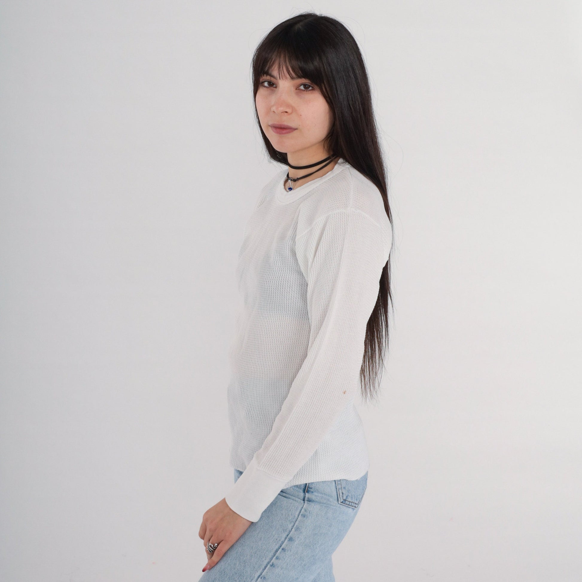 90s Hanes Thermal Shirt White Waffle Knit Long Sleeve Medium
