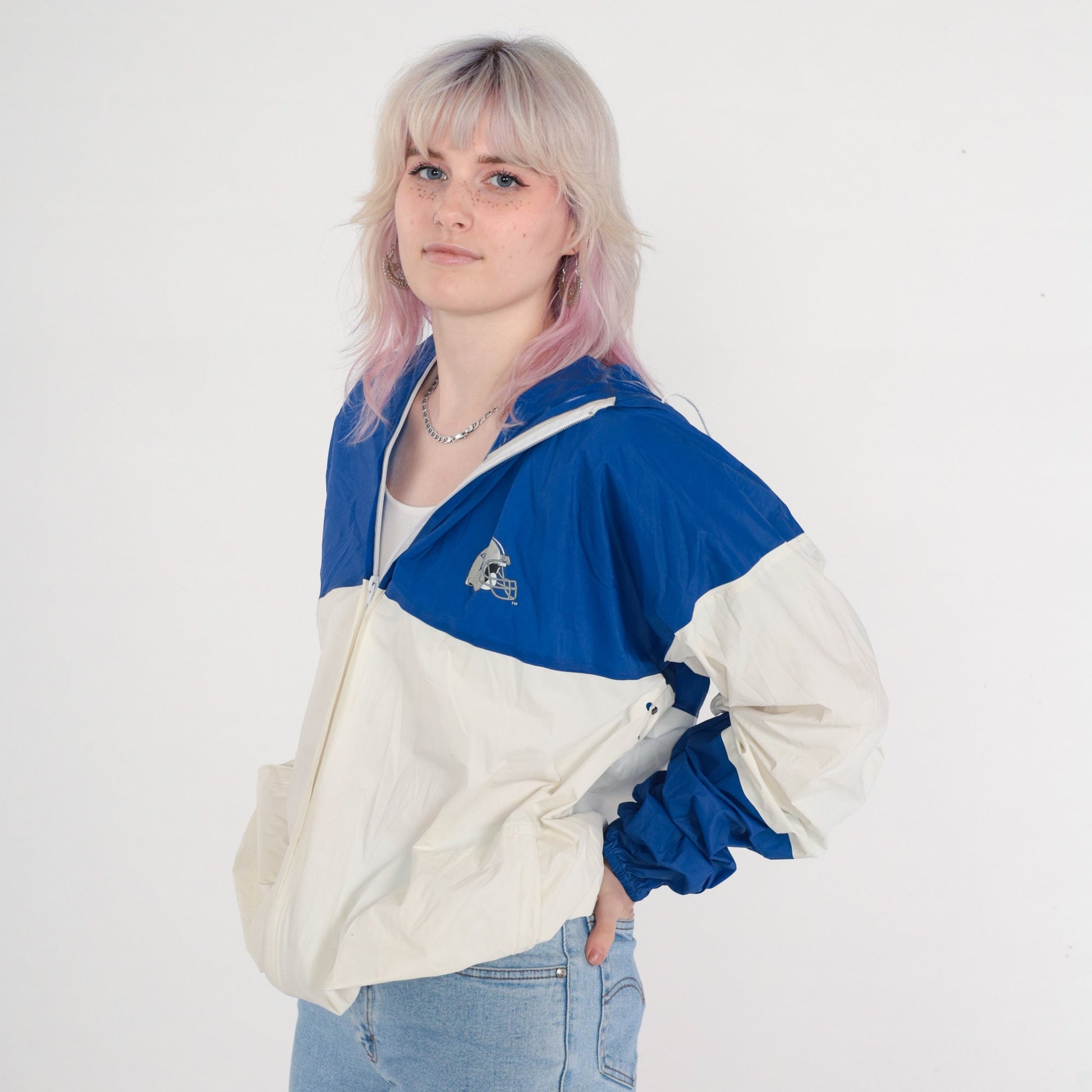 90s Dallas Cowboys PVC Rain Jacket Colour Block Blue White Extra Large XXL