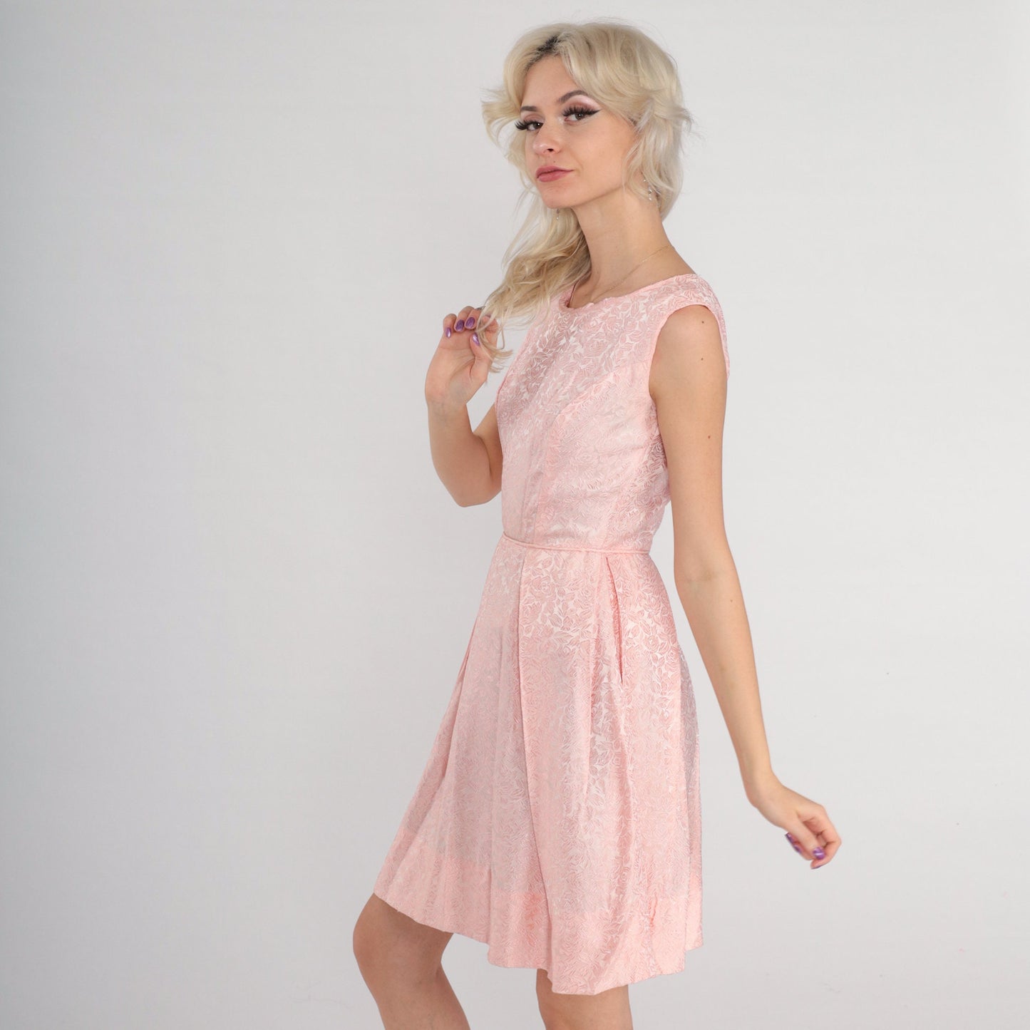 60s Pink Floral Brocade Mini Dress Sleeveless High Waist Extra Small XS