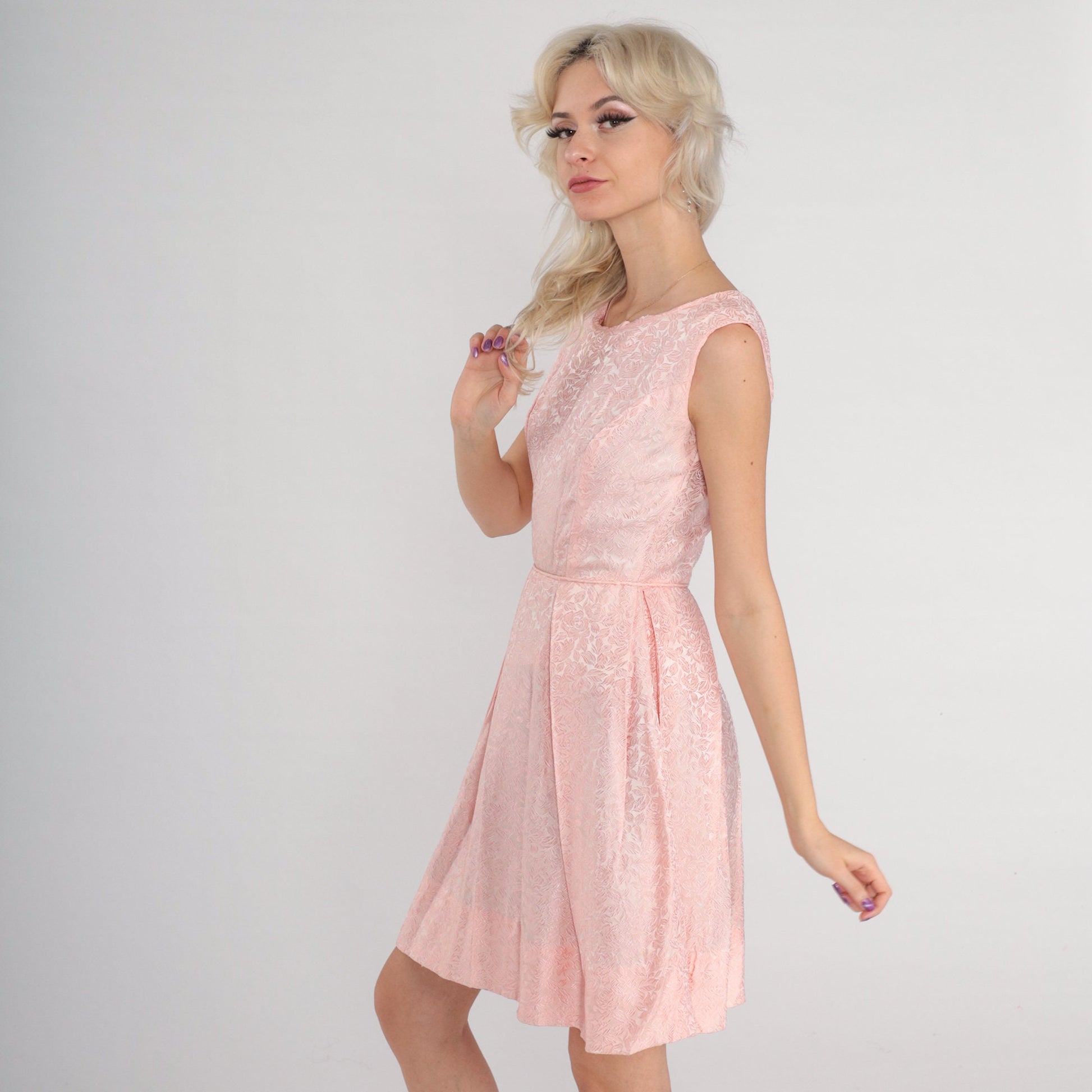 60s Pink Floral Brocade Mini Dress Sleeveless High Waist Extra Small XS
