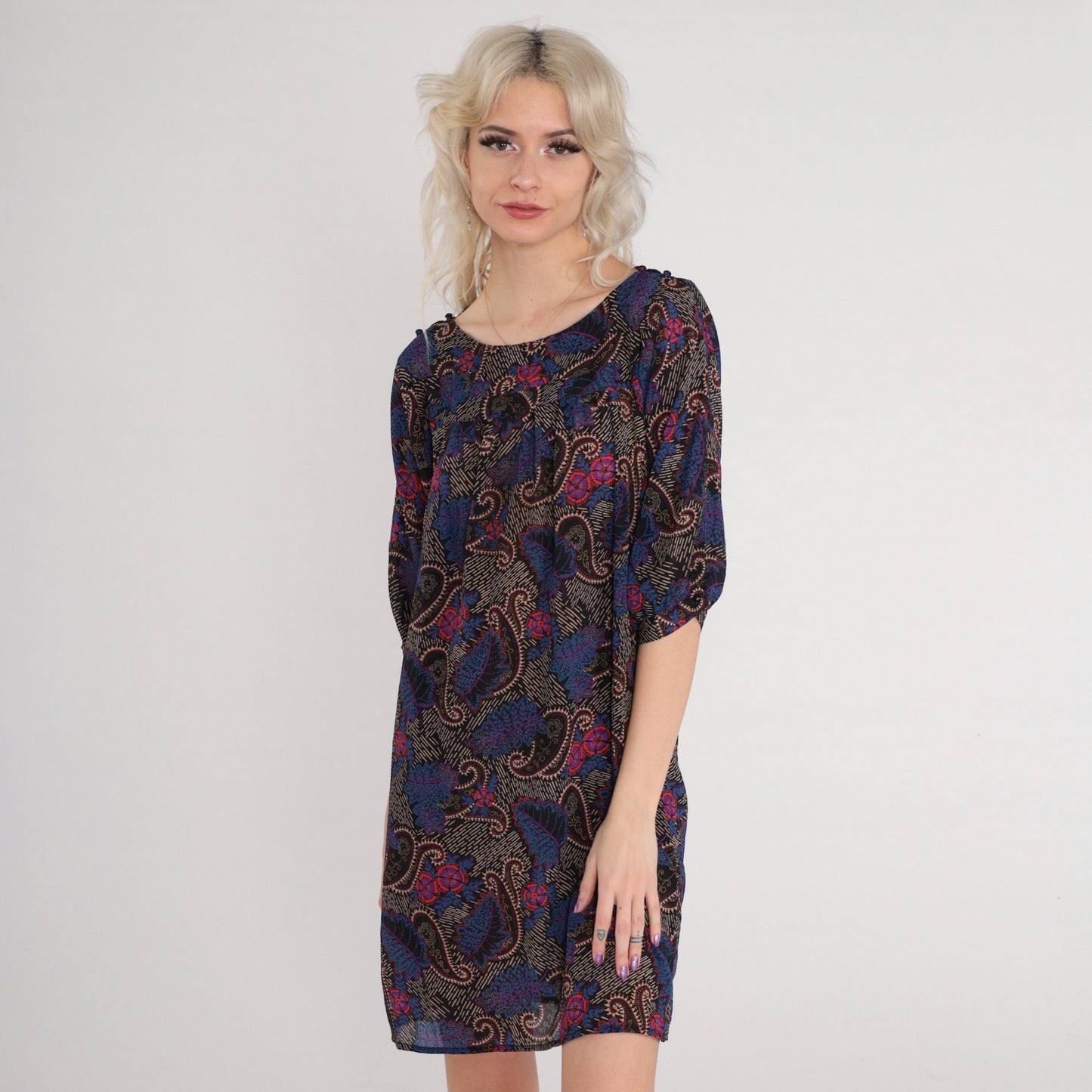 70s I Magnin Paisley Floral Mini Dress Black Half Sleeve Tent Cut Medium