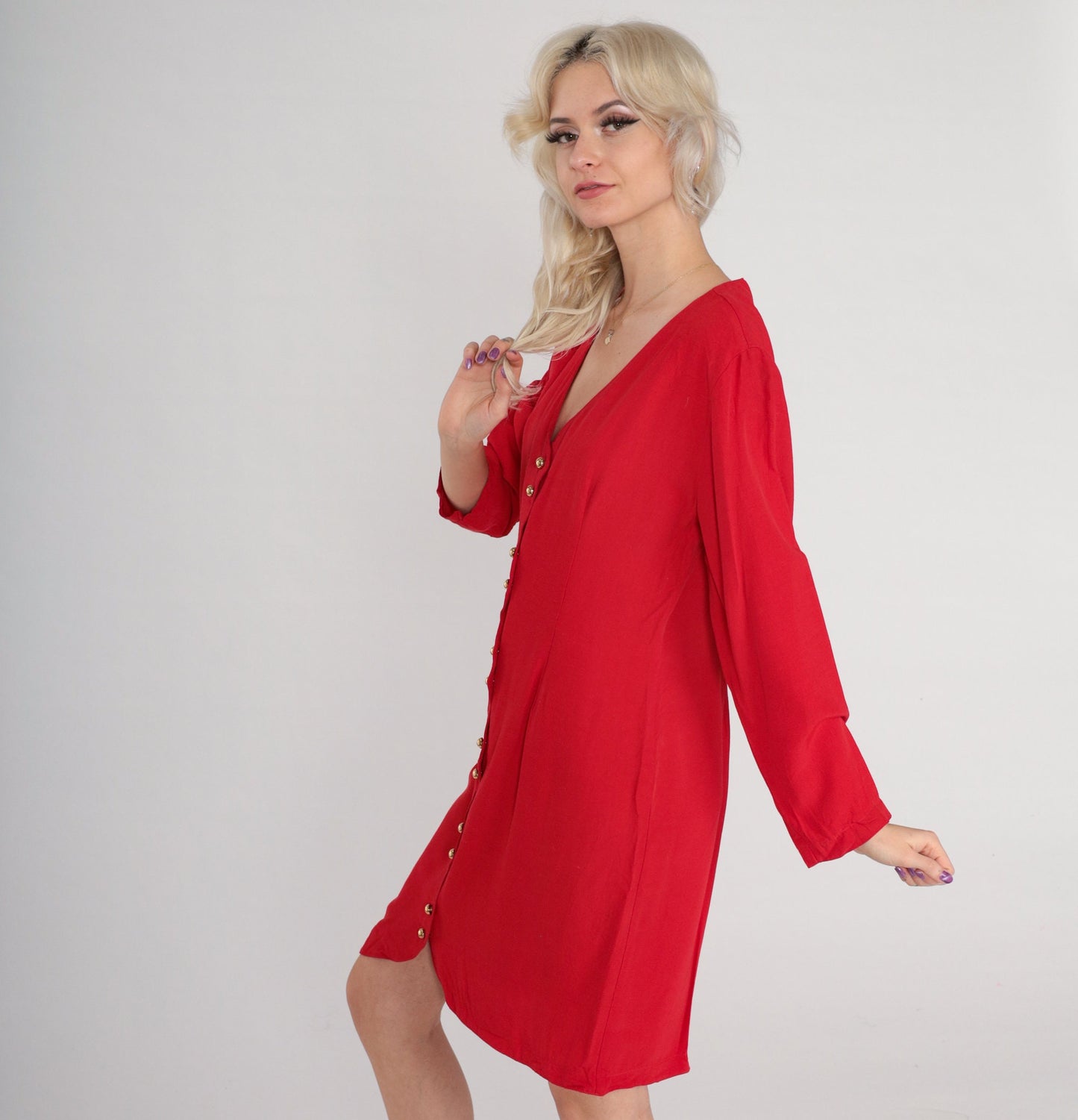 80s Red Button-Up Mini Dress Long Sleeve Sheath Pencil Cut Medium
