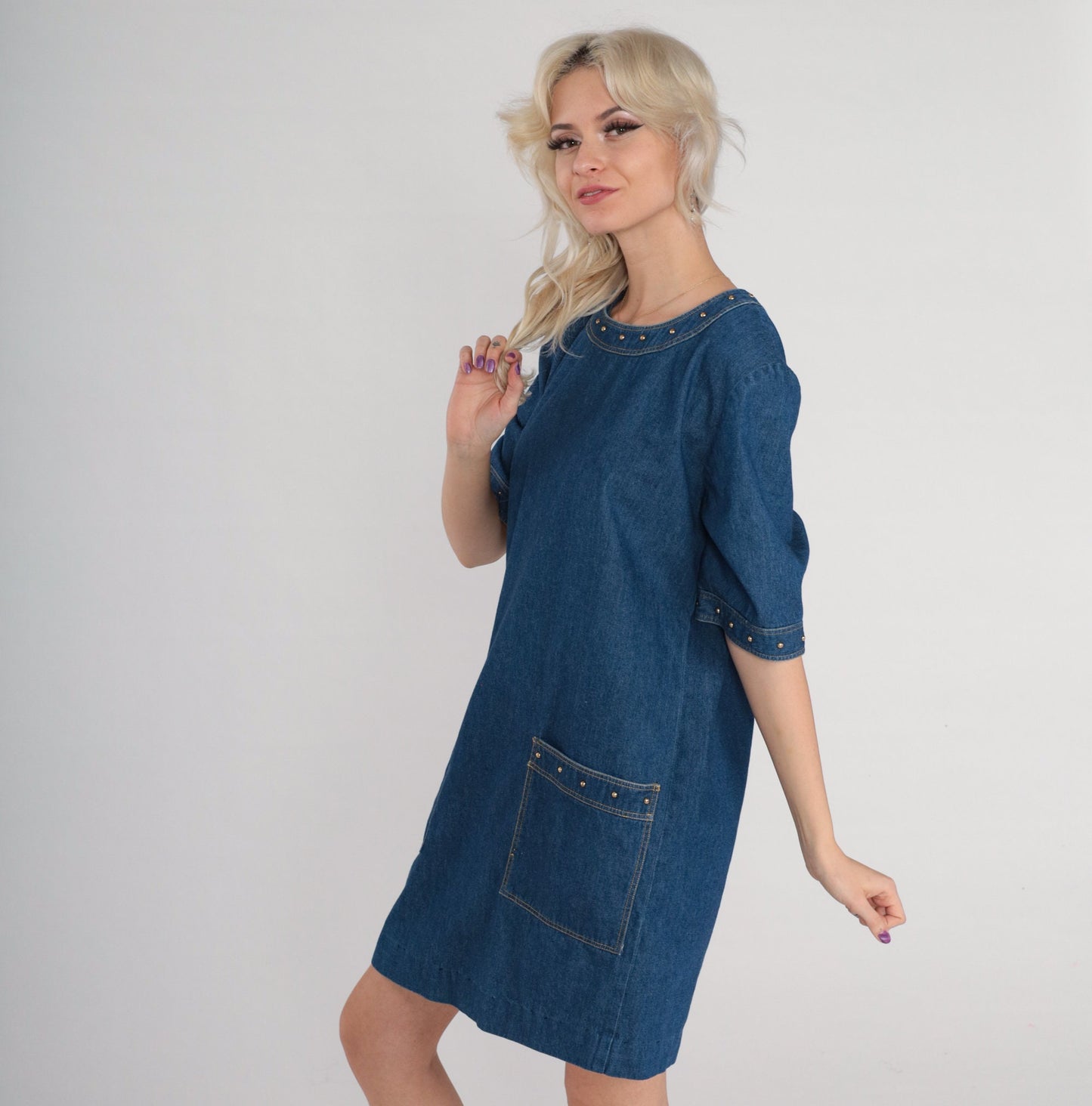 90s Blue Denim Mini Dress Gold Studs Short Sleeve Shift Medium M