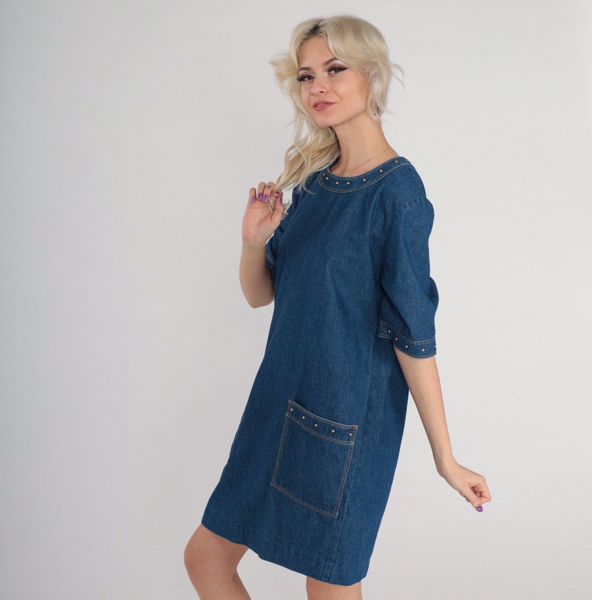 90s Blue Denim Mini Dress Gold Studs Short Sleeve Shift Medium M