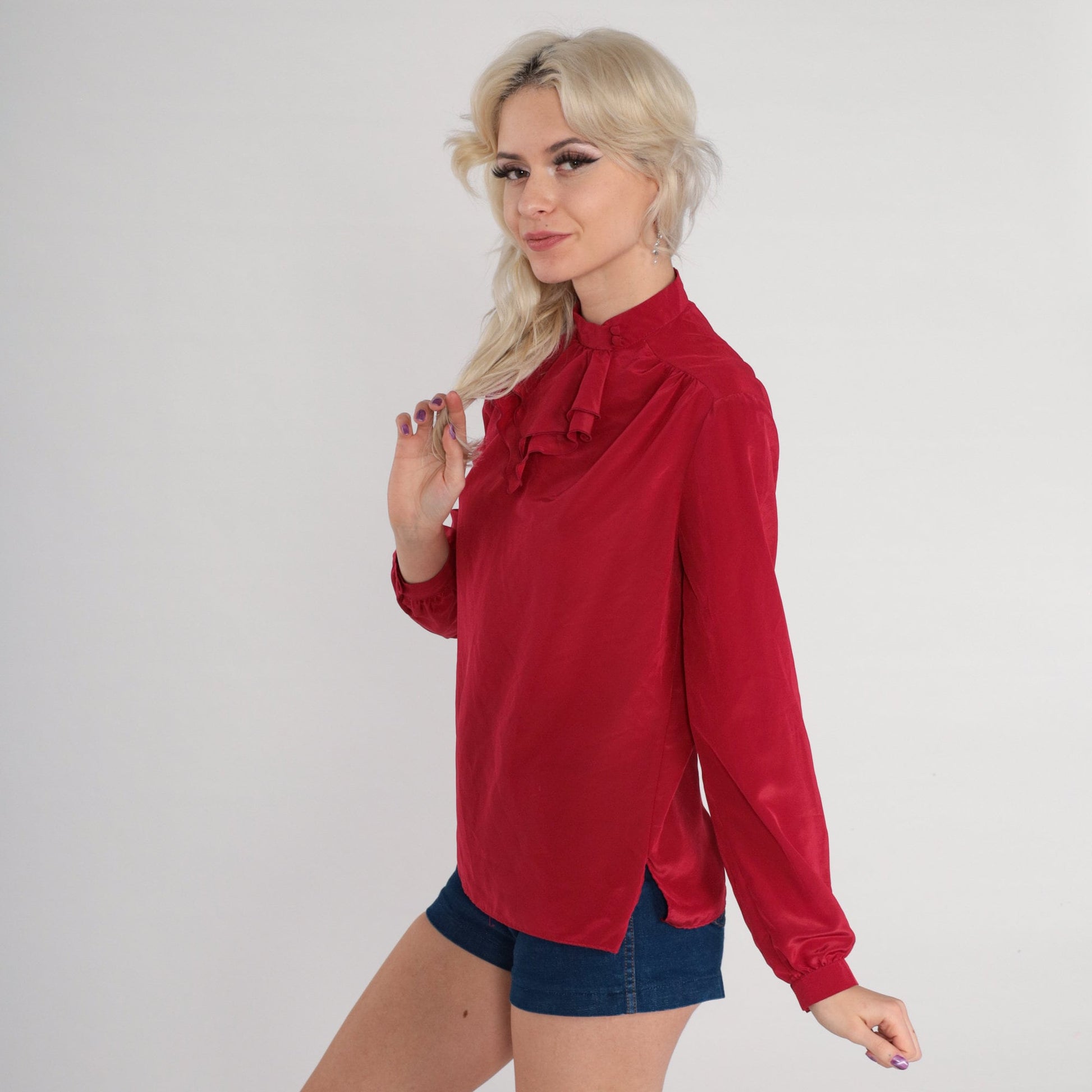 70s Red Ruffle Jabot Collar Blouse Long Sleeve Polyester Small