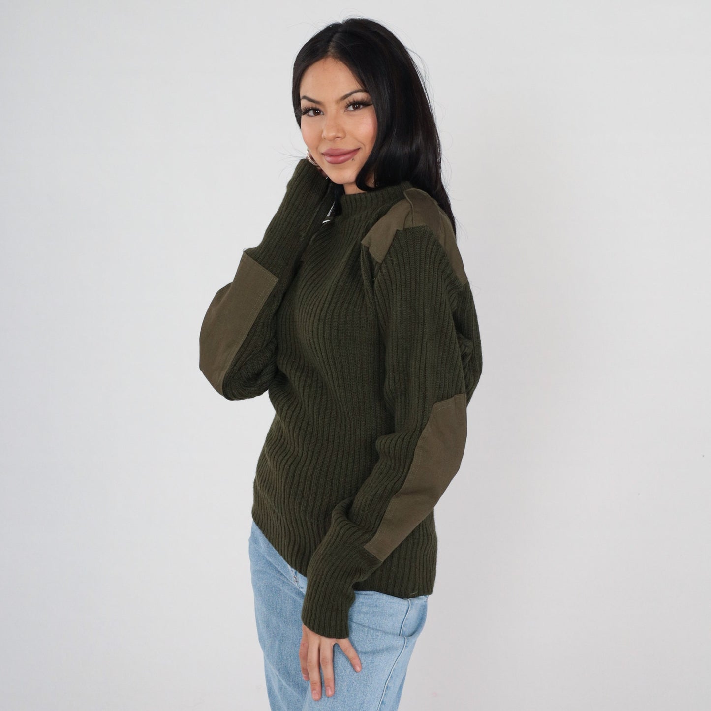 Wool Army Sweater Military Pullover Olive Drab Elbow Patch Small