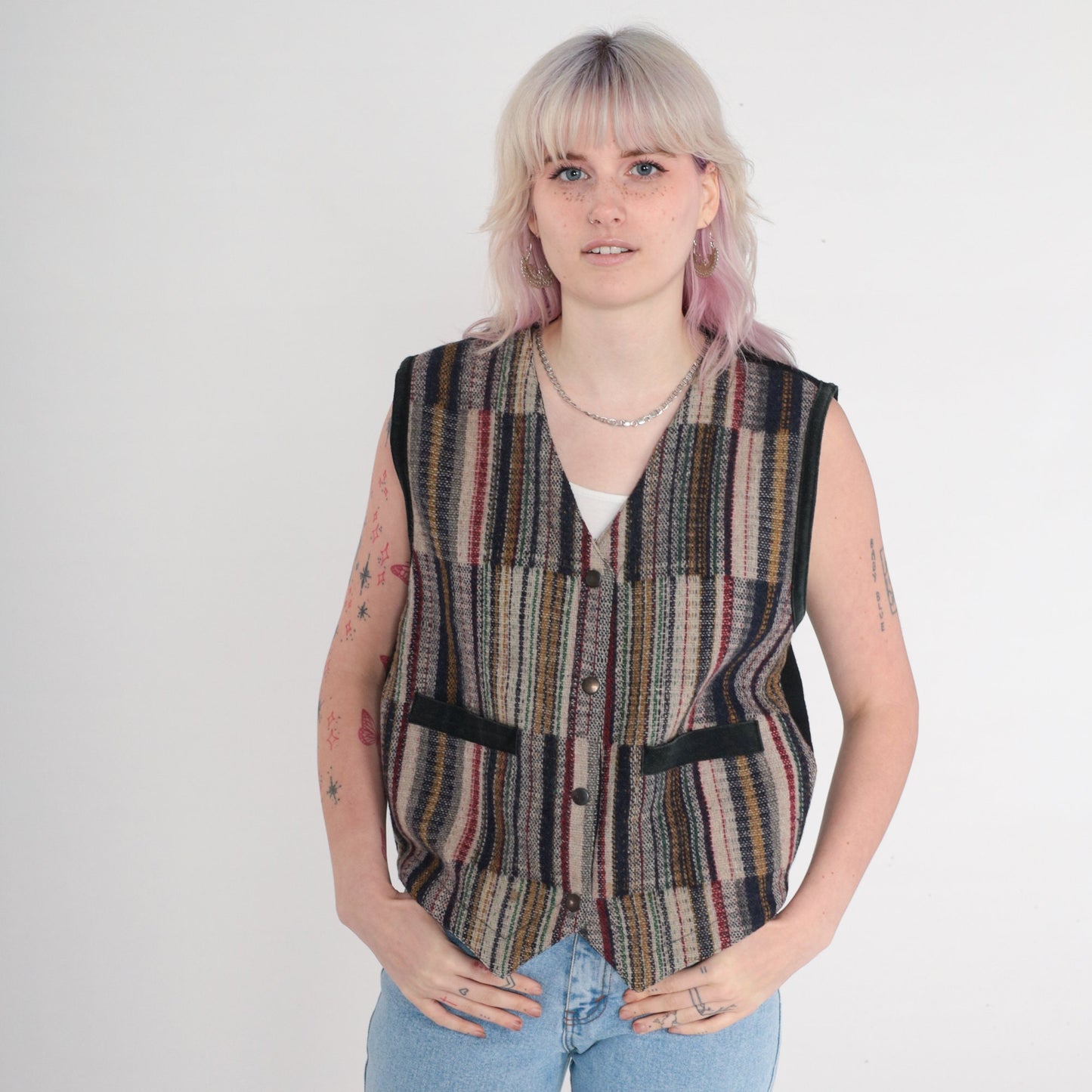 90s Striped Wool Blend Vest Snap Button Sleeveless Knit Small S