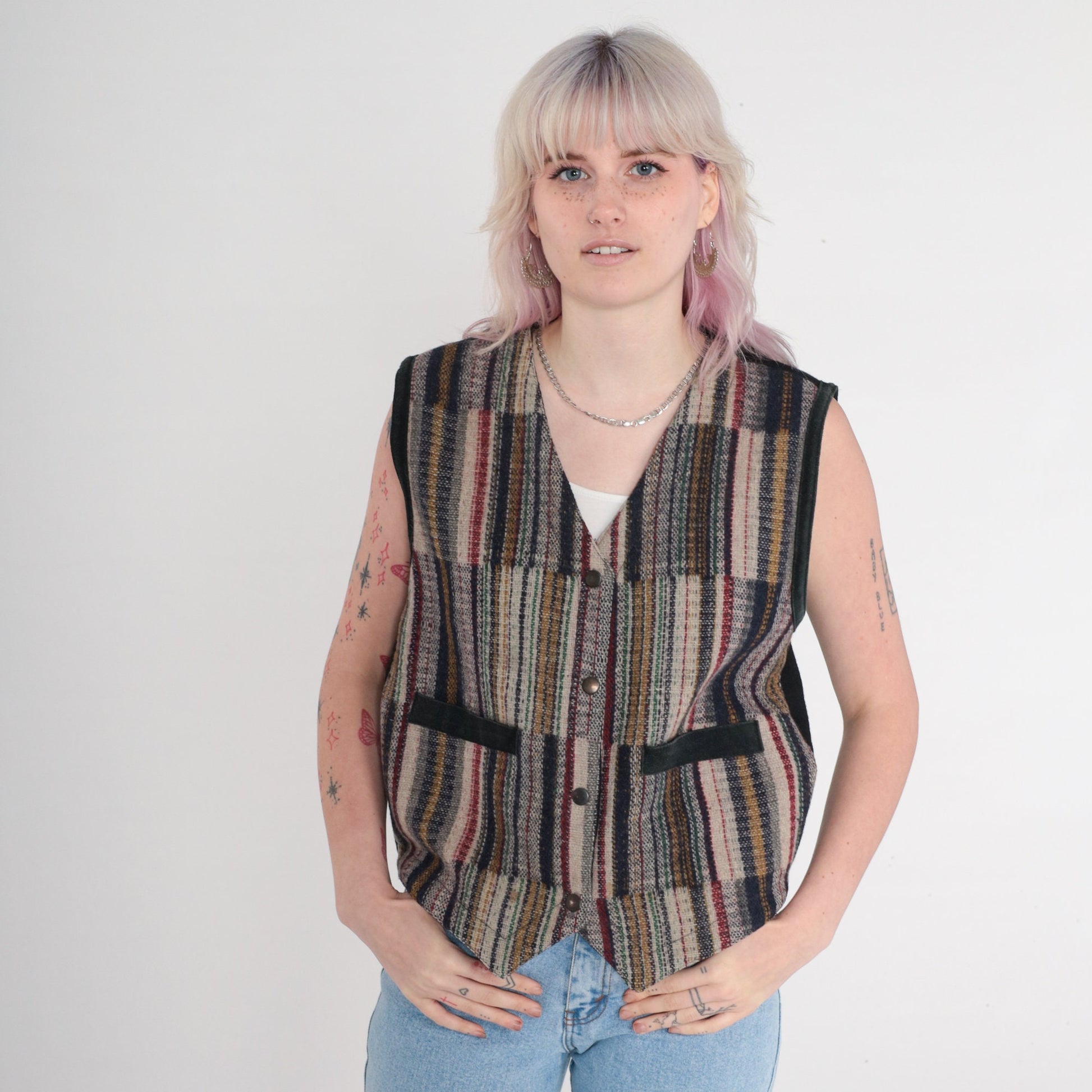90s Striped Wool Blend Vest Snap Button Sleeveless Knit Small S