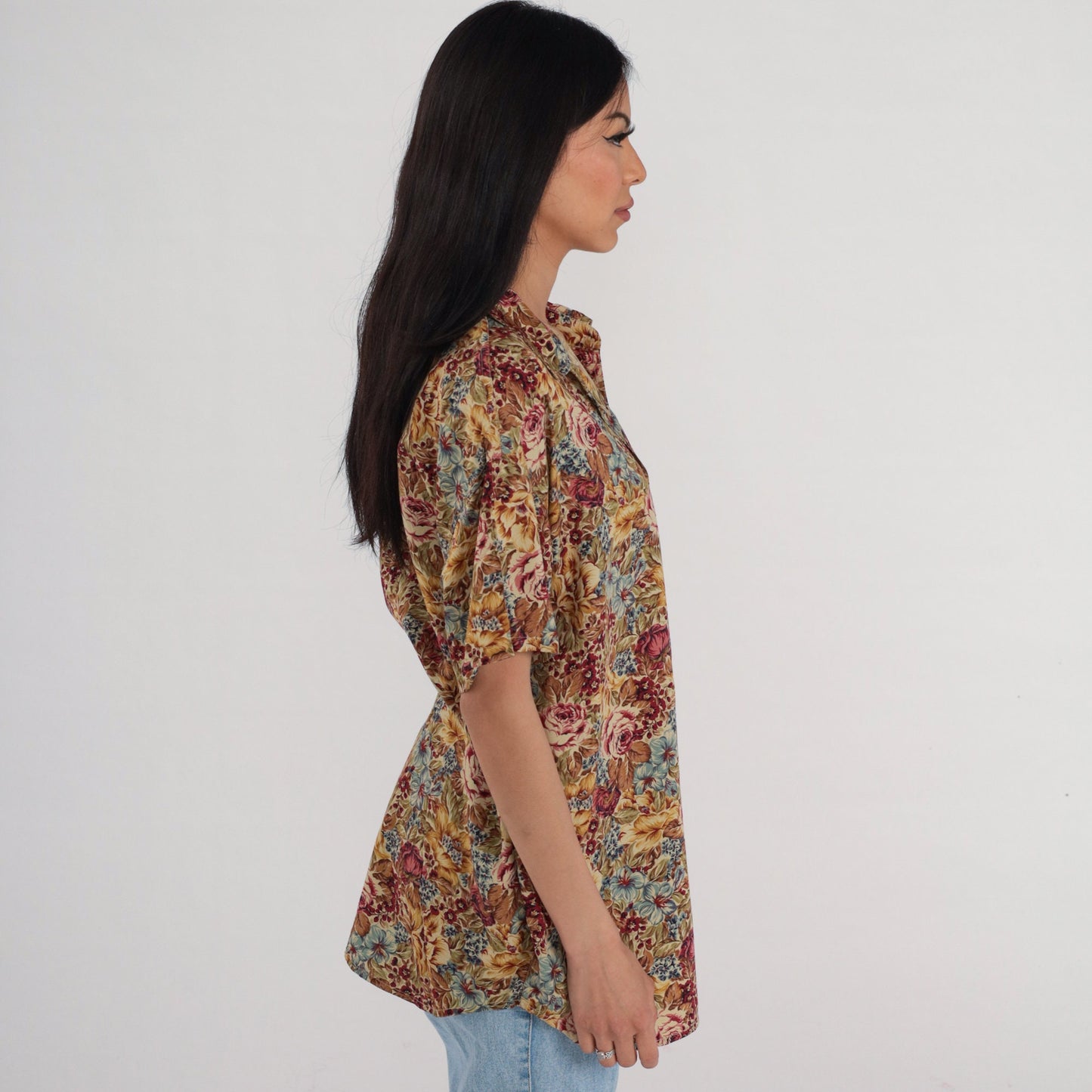 Y2K Liz Claiborne Floral Button-Up Blouse Short Sleeve Rayon Multicolor Large L